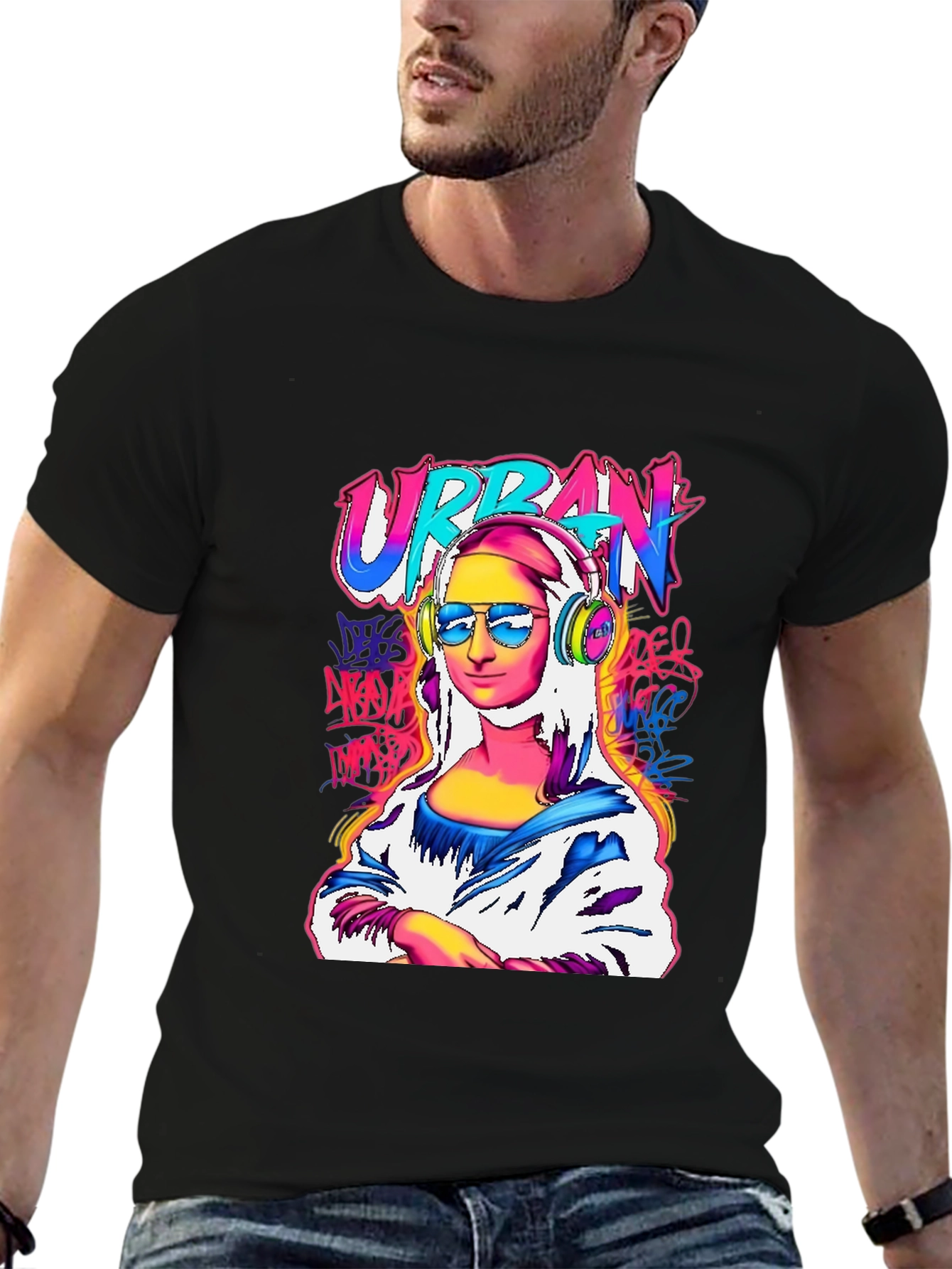 Urban Mona Lisa Graphic Tee - Black Cotton Blend