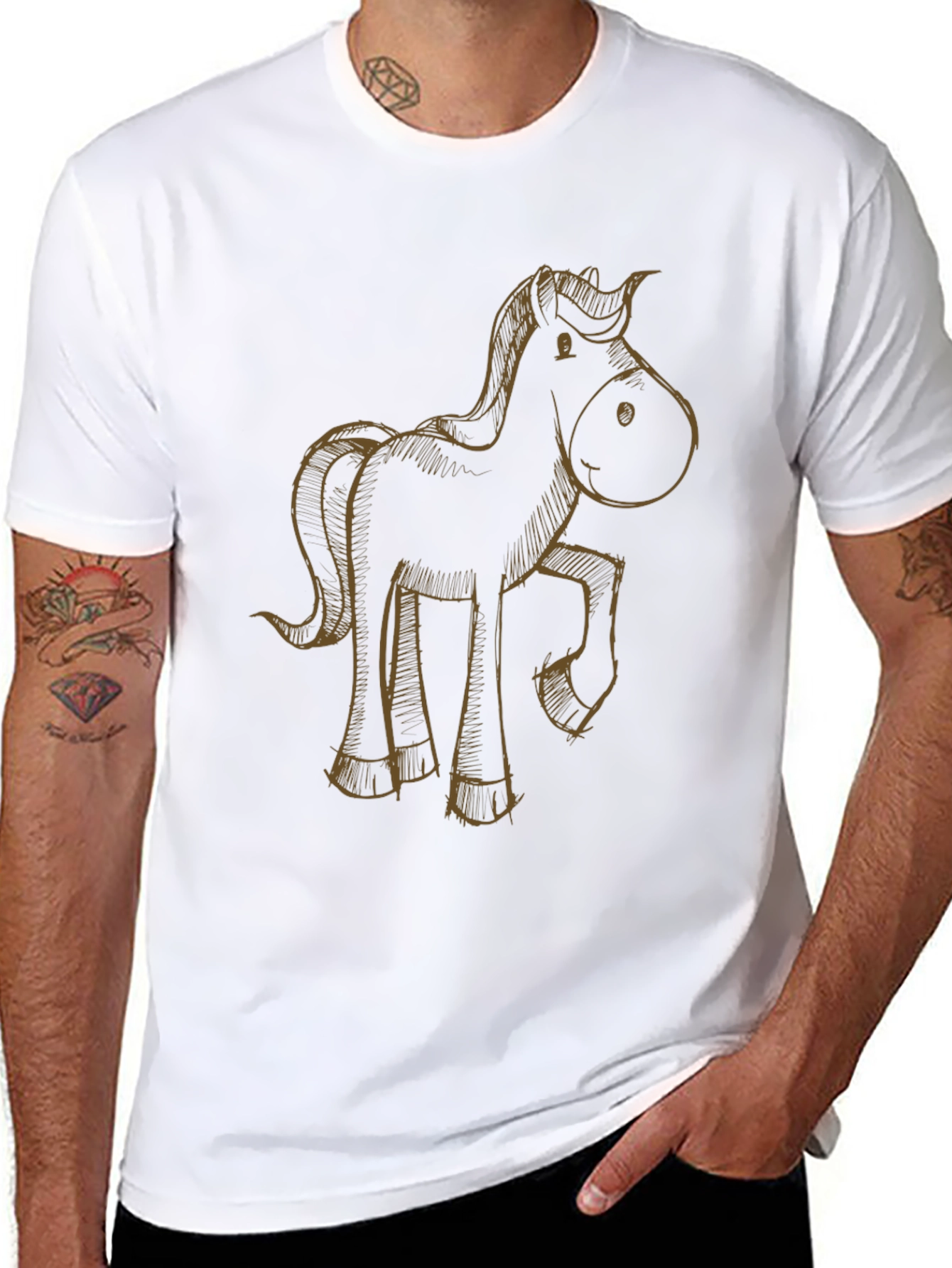 Cartoon Horse Graphic Tee - Black Casual T-Shirt