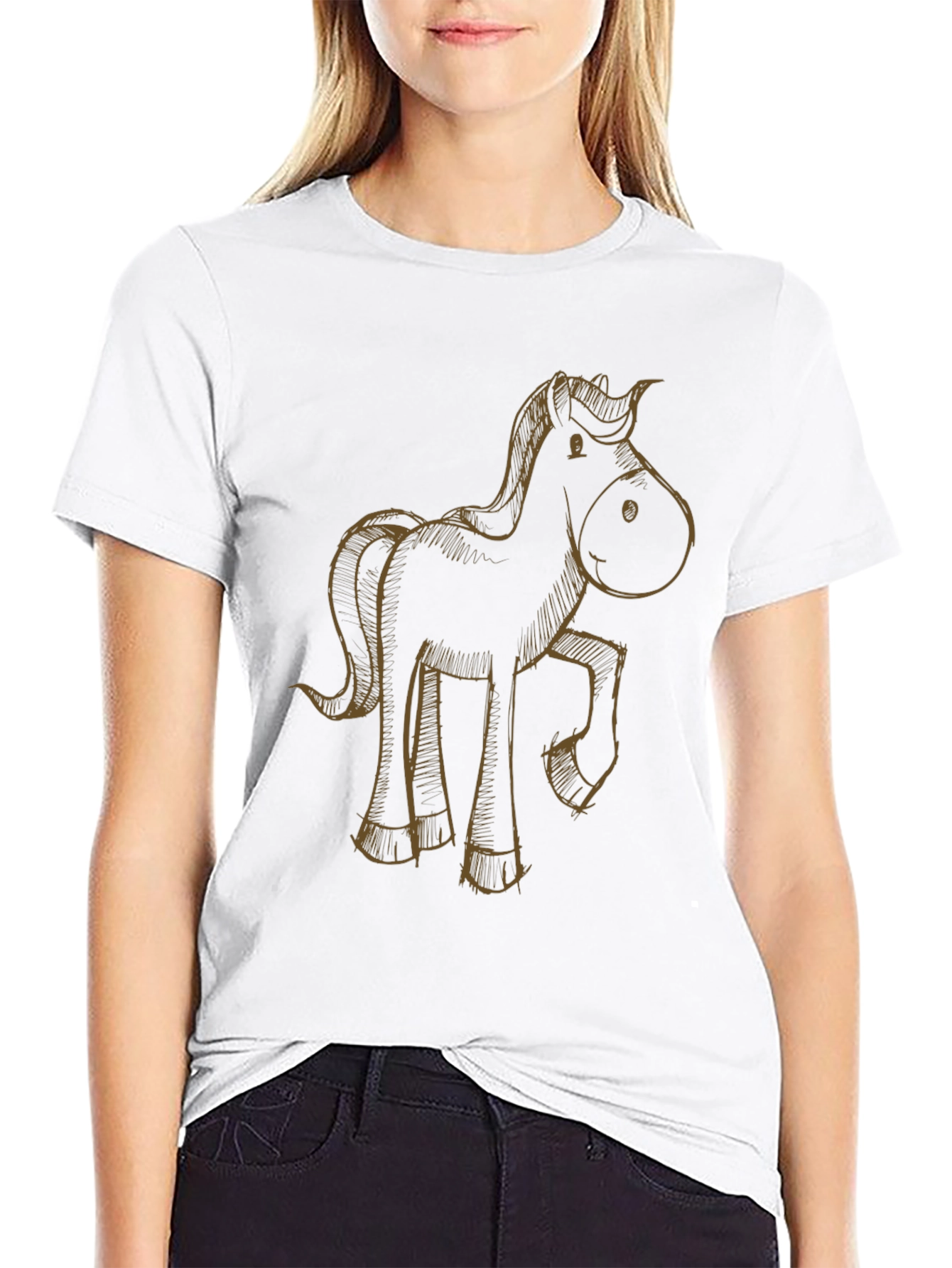 Cartoon Horse Graphic Tee - Black Casual T-Shirt