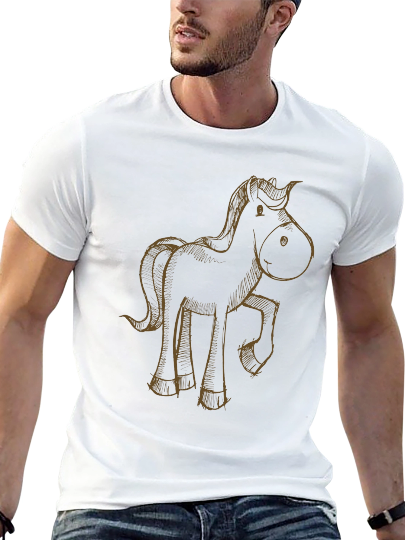 Cartoon Horse Graphic Tee - Black Casual T-Shirt