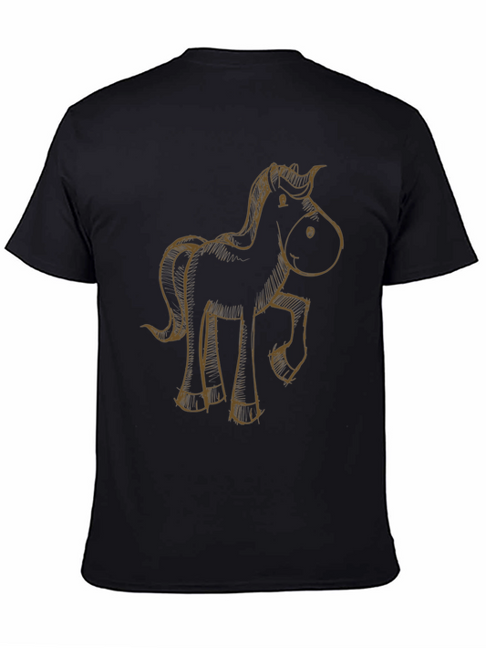 Cartoon Horse Graphic Tee - Black Casual T-Shirt