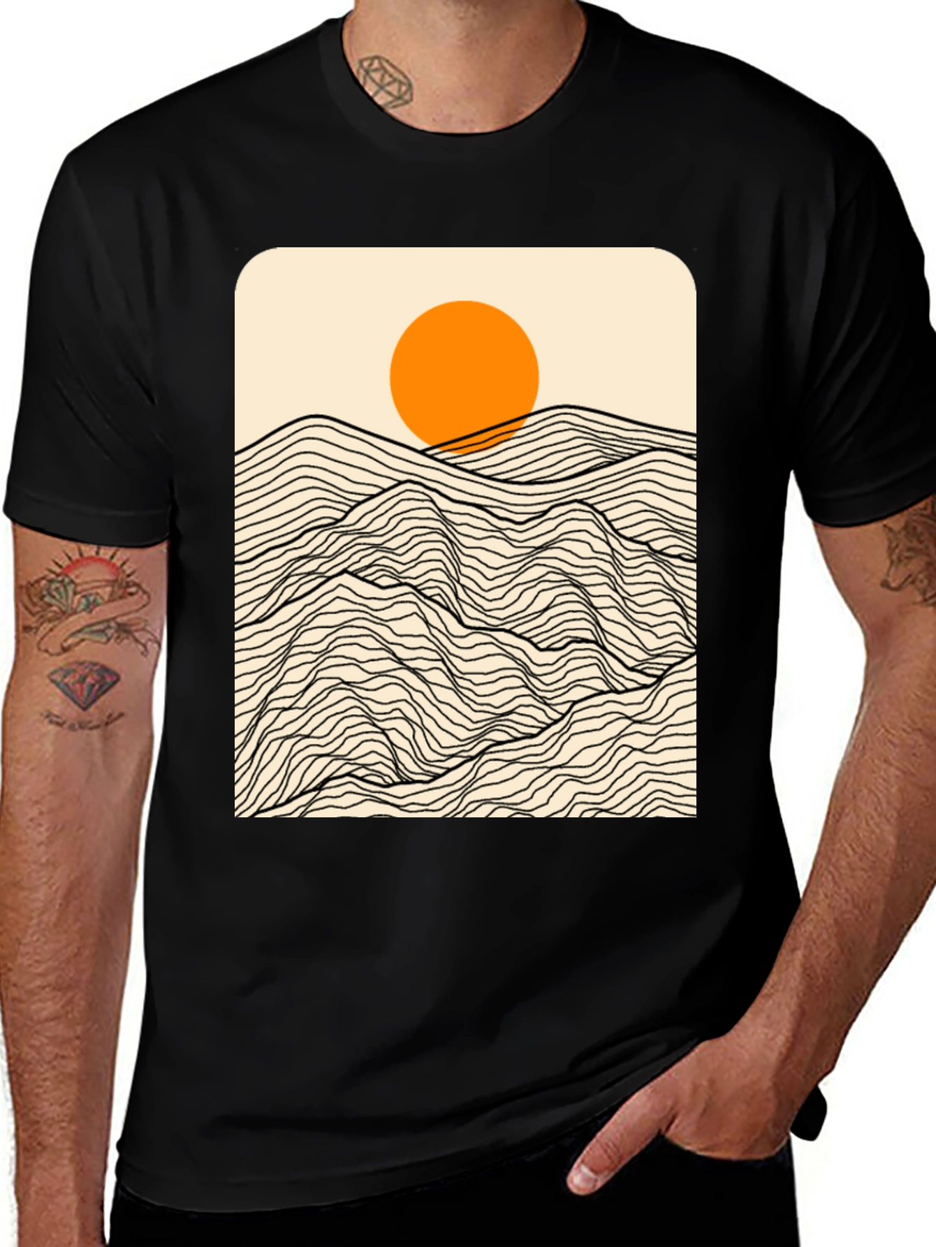 Sunset Mountain Wave Graphic Tee - Modern Black T-Shirt
