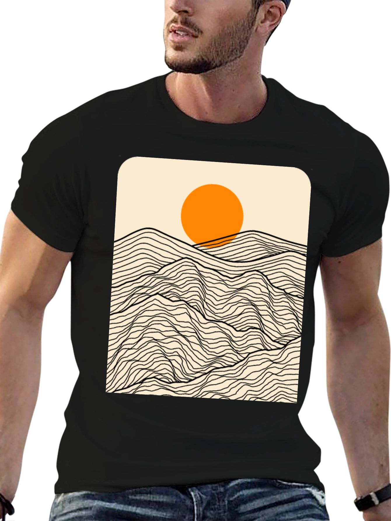 Sunset Mountain Wave Graphic Tee - Modern Black T-Shirt