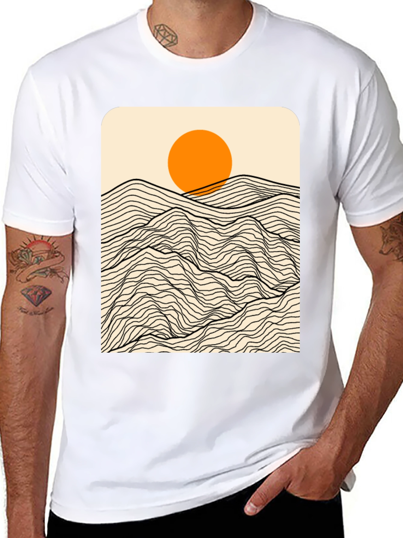 Sunset Mountain Wave Graphic Tee - Modern Black T-Shirt