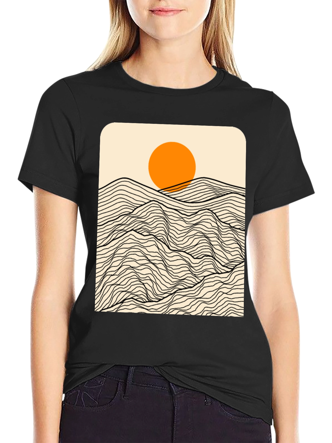 Sunset Mountain Wave Graphic Tee - Modern Black T-Shirt