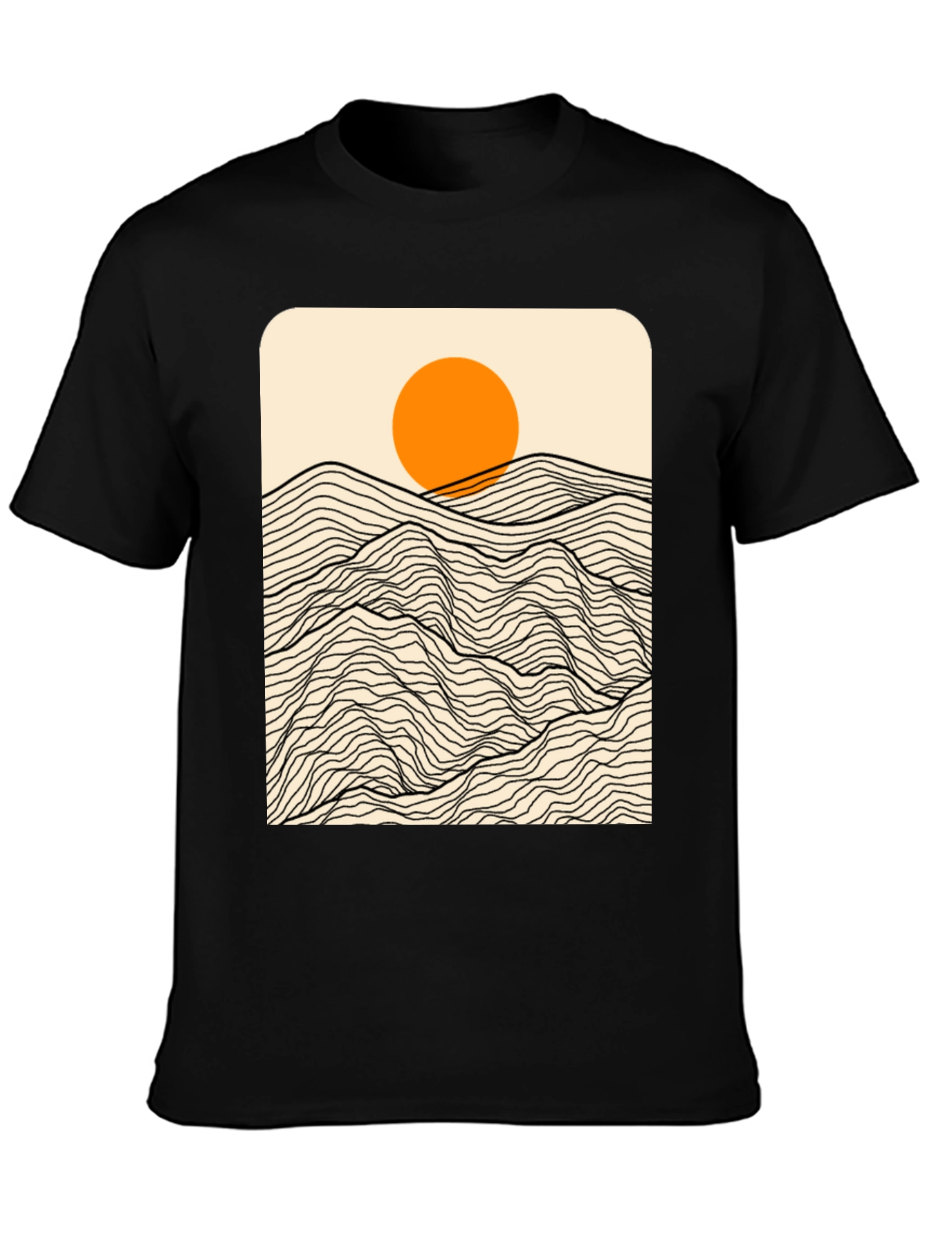 Sunset Mountain Wave Graphic Tee - Modern Black T-Shirt
