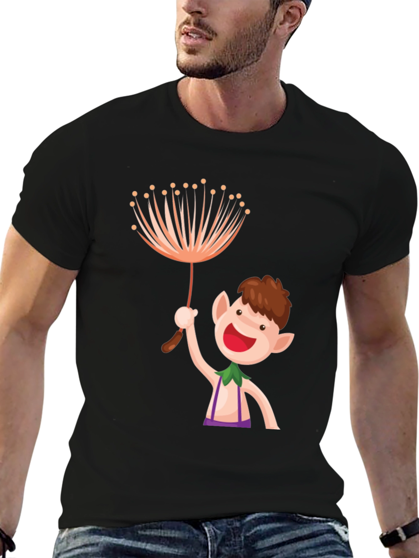 Whimsical Elf Graphic Tee - Black Cotton