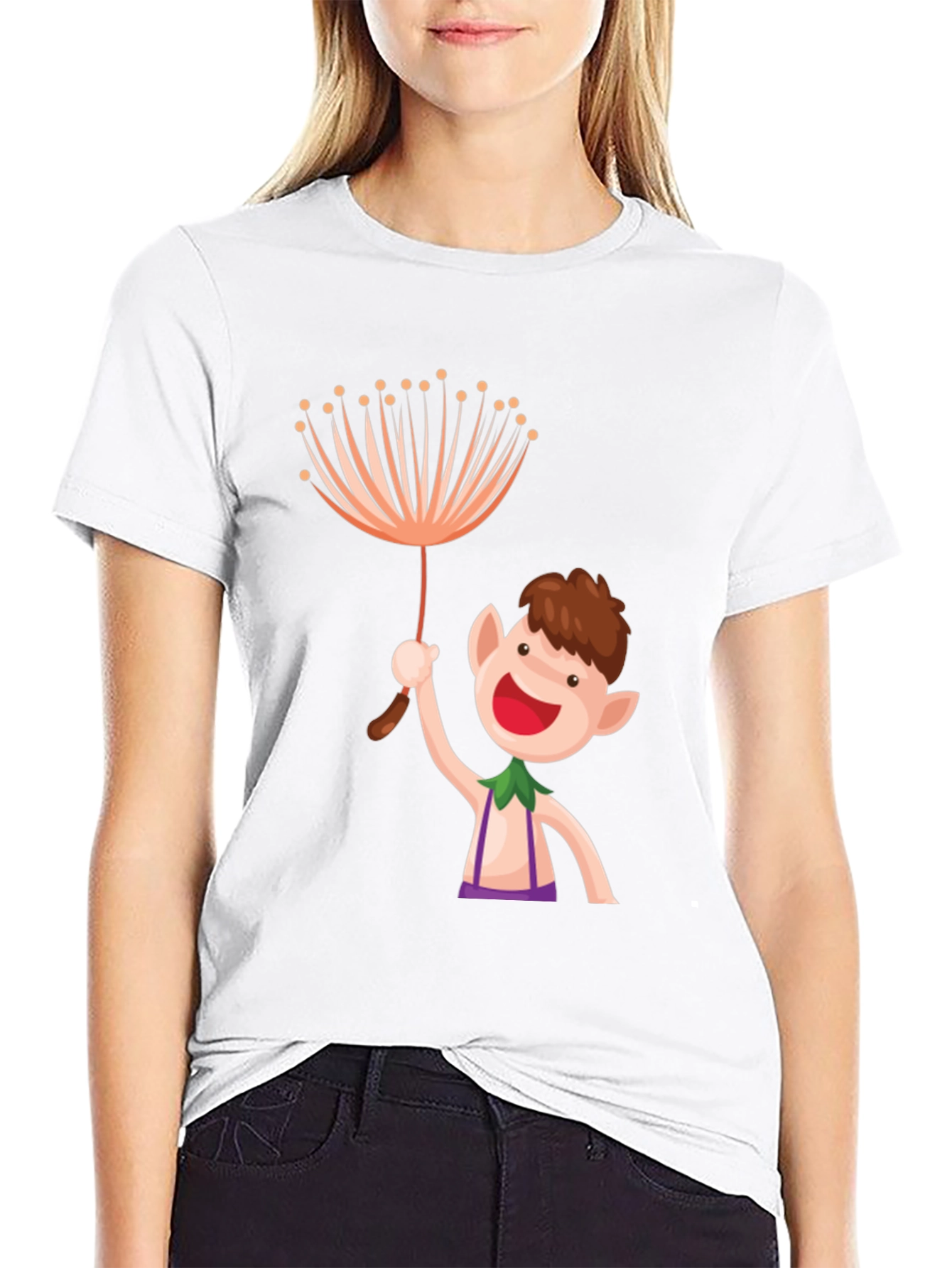 Whimsical Elf Graphic Tee - Black Cotton