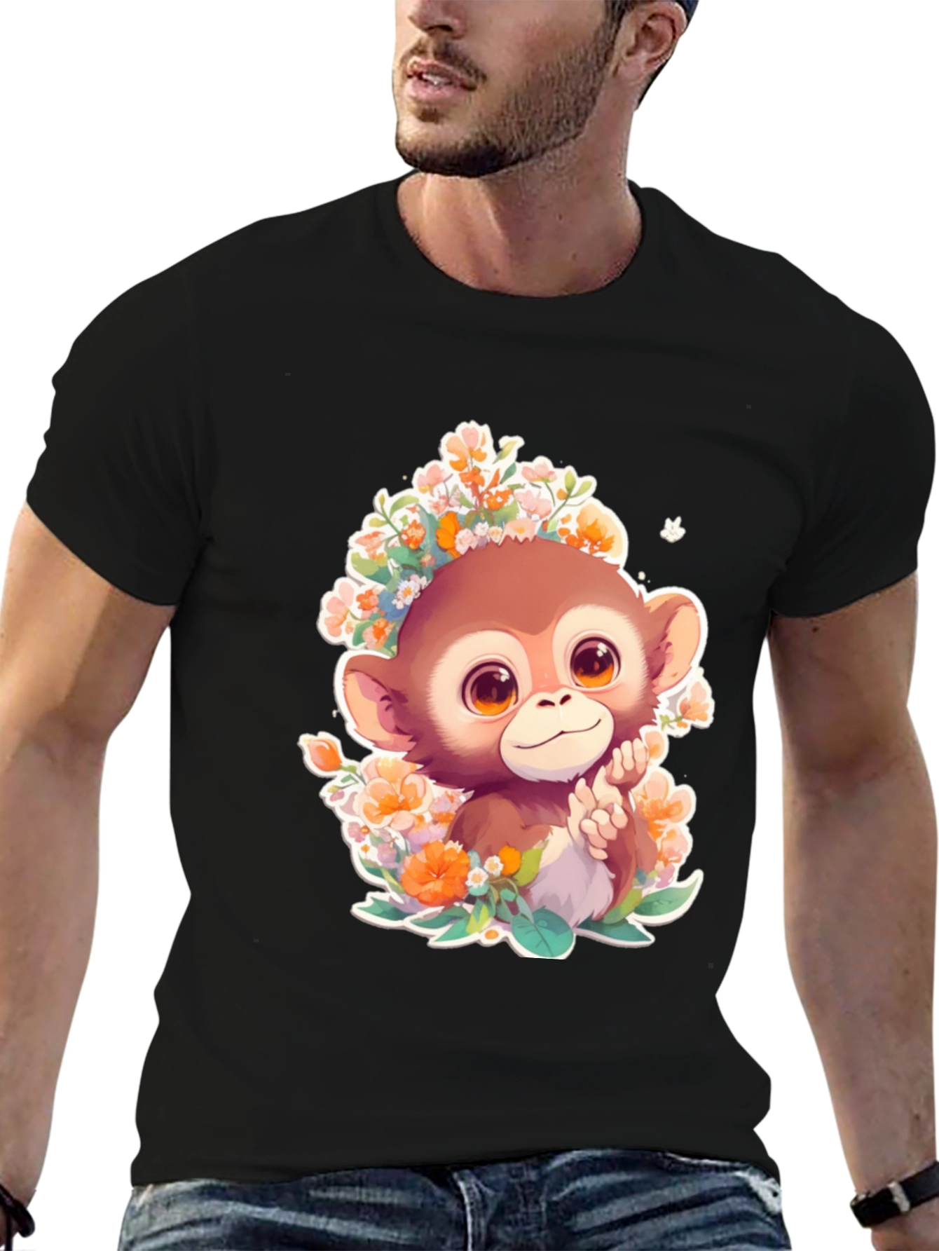 Monkey Floral Graphic Tee - Cute Cartoon Design