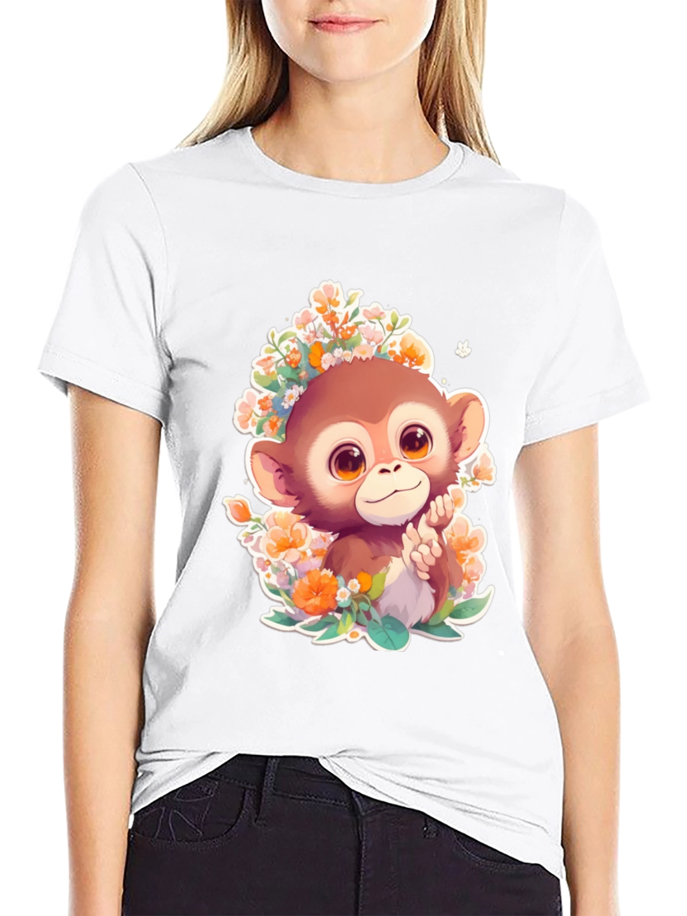 Monkey Floral Graphic Tee - Cute Cartoon Design