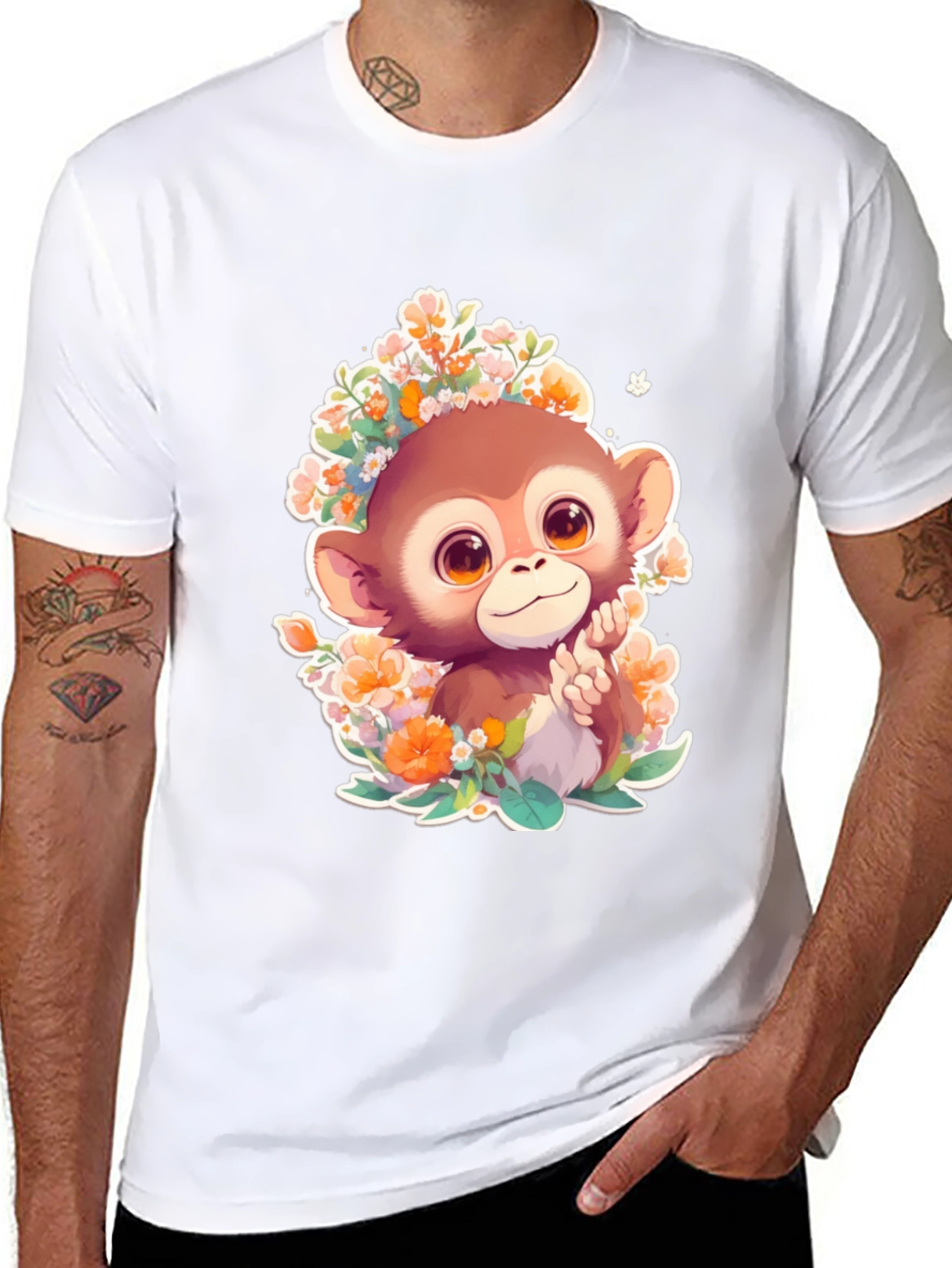 Monkey Floral Graphic Tee - Cute Cartoon Design