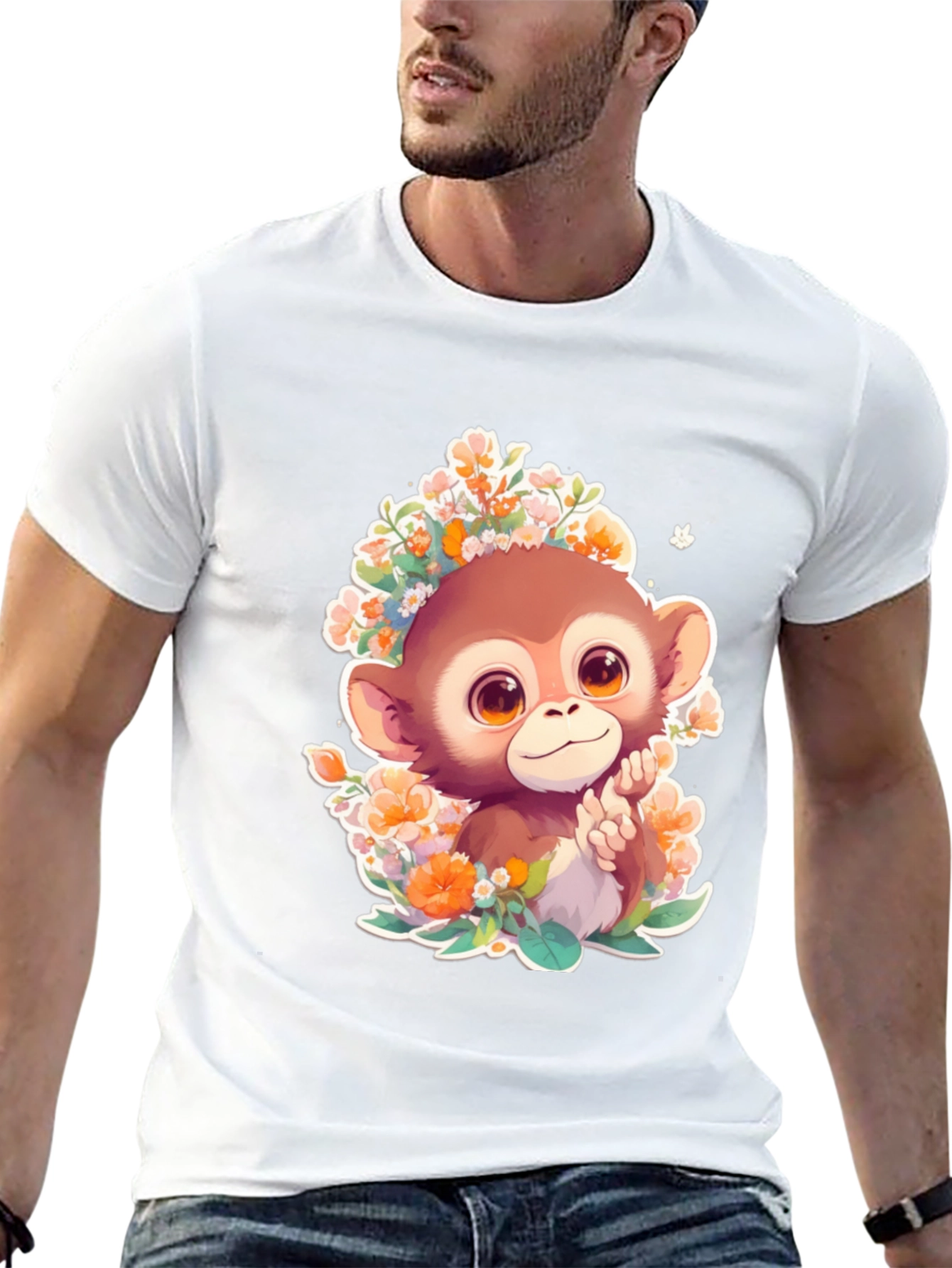 Monkey Floral Graphic Tee - Cute Cartoon Design