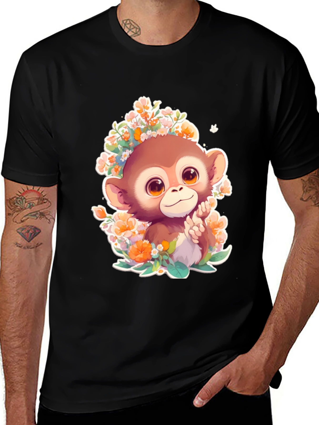 Monkey Floral Graphic Tee - Cute Cartoon Design