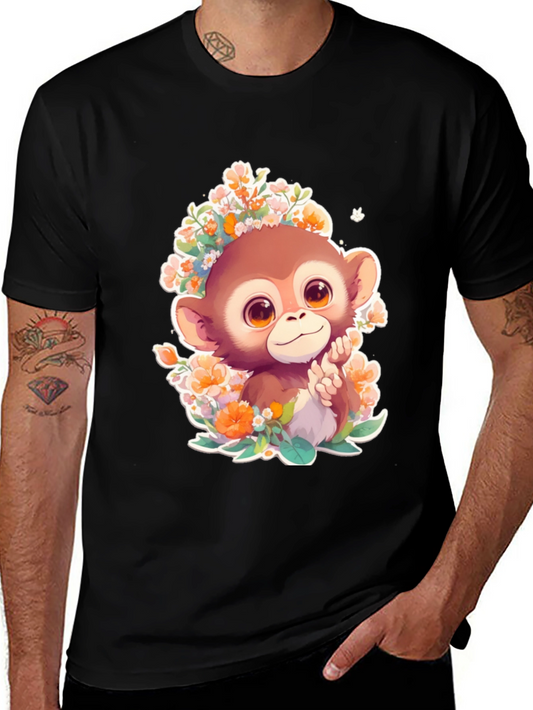 Monkey Floral Graphic Tee - Cute Cartoon Design