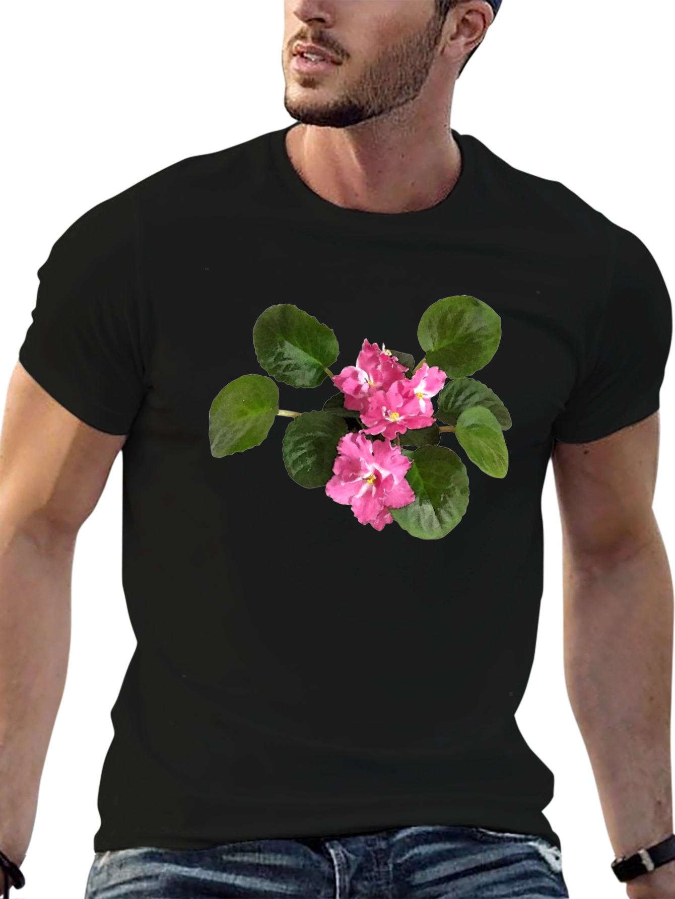 Black T-Shirt with Pink African Violet Flower Print