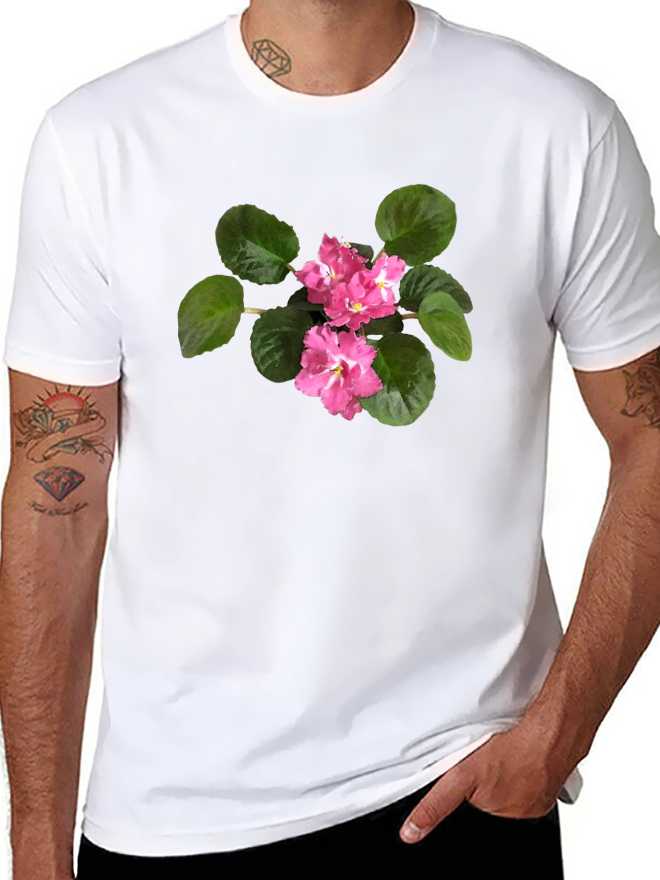 Black T-Shirt with Pink African Violet Flower Print