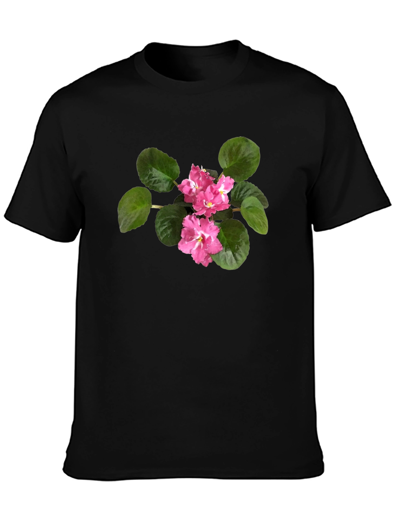 Black T-Shirt with Pink African Violet Flower Print