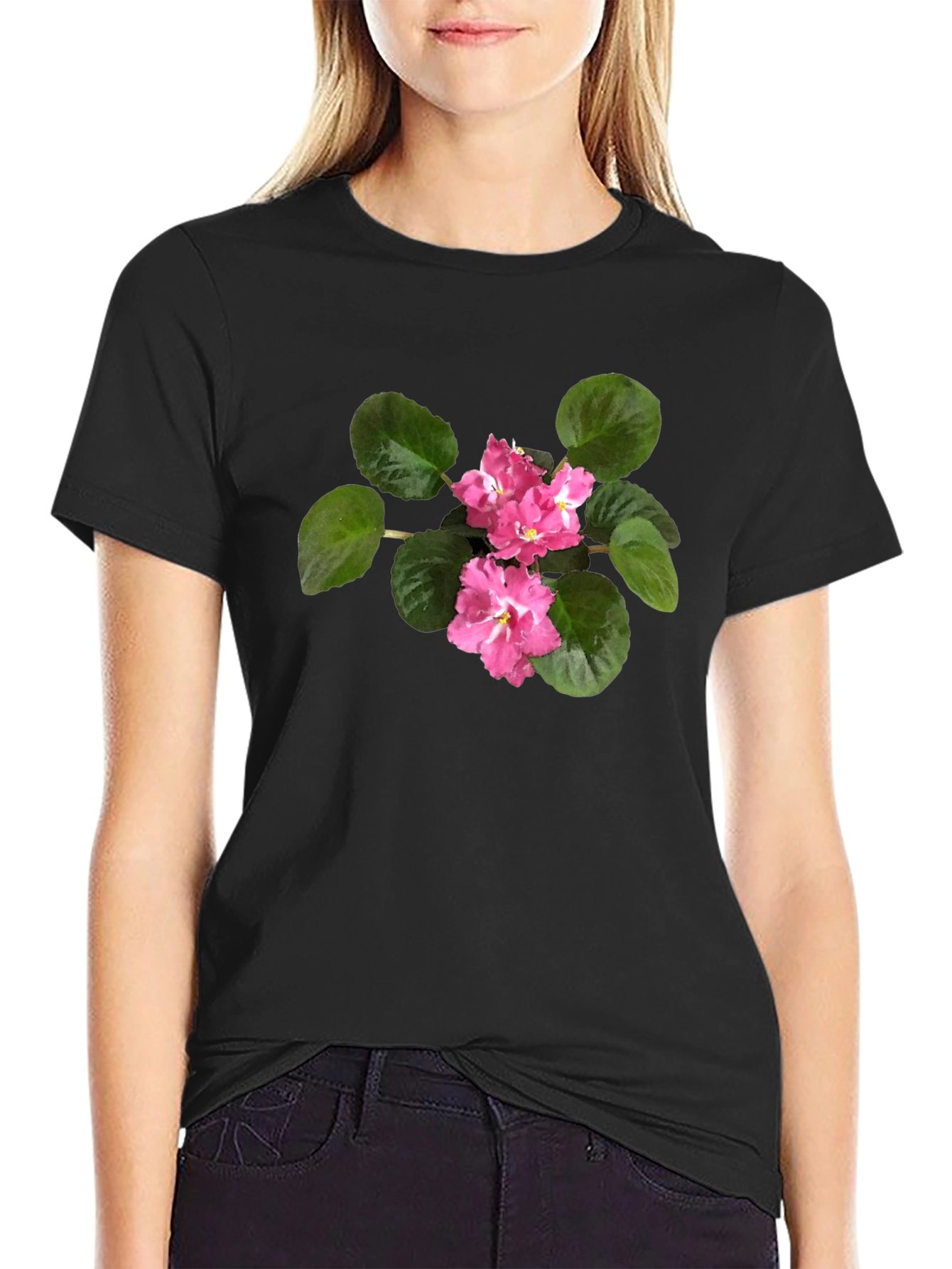 Black T-Shirt with Pink African Violet Flower Print