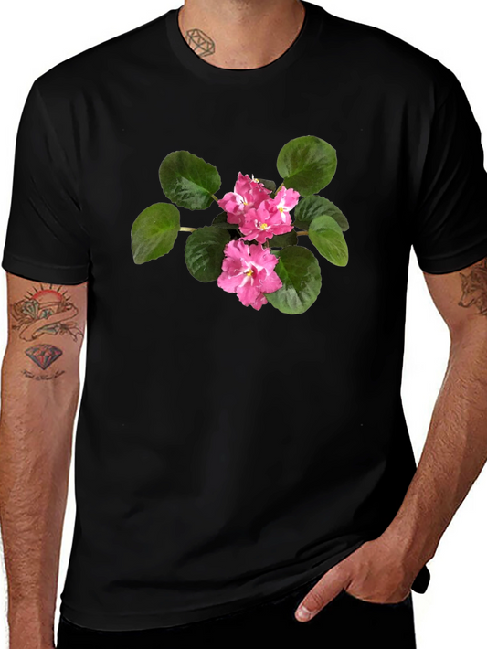 Black T-Shirt with Pink African Violet Flower Print