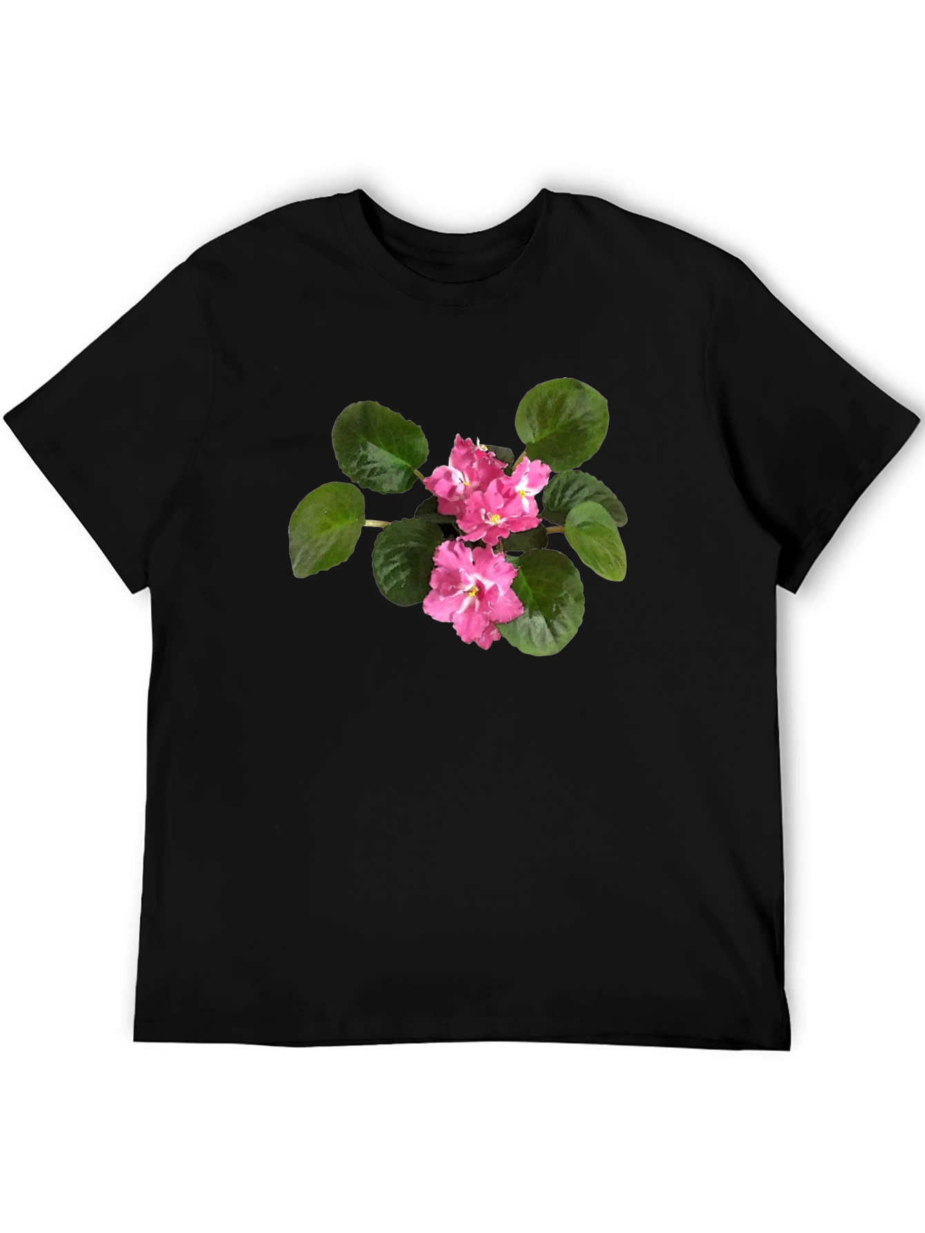 Black T-Shirt with Pink African Violet Flower Print