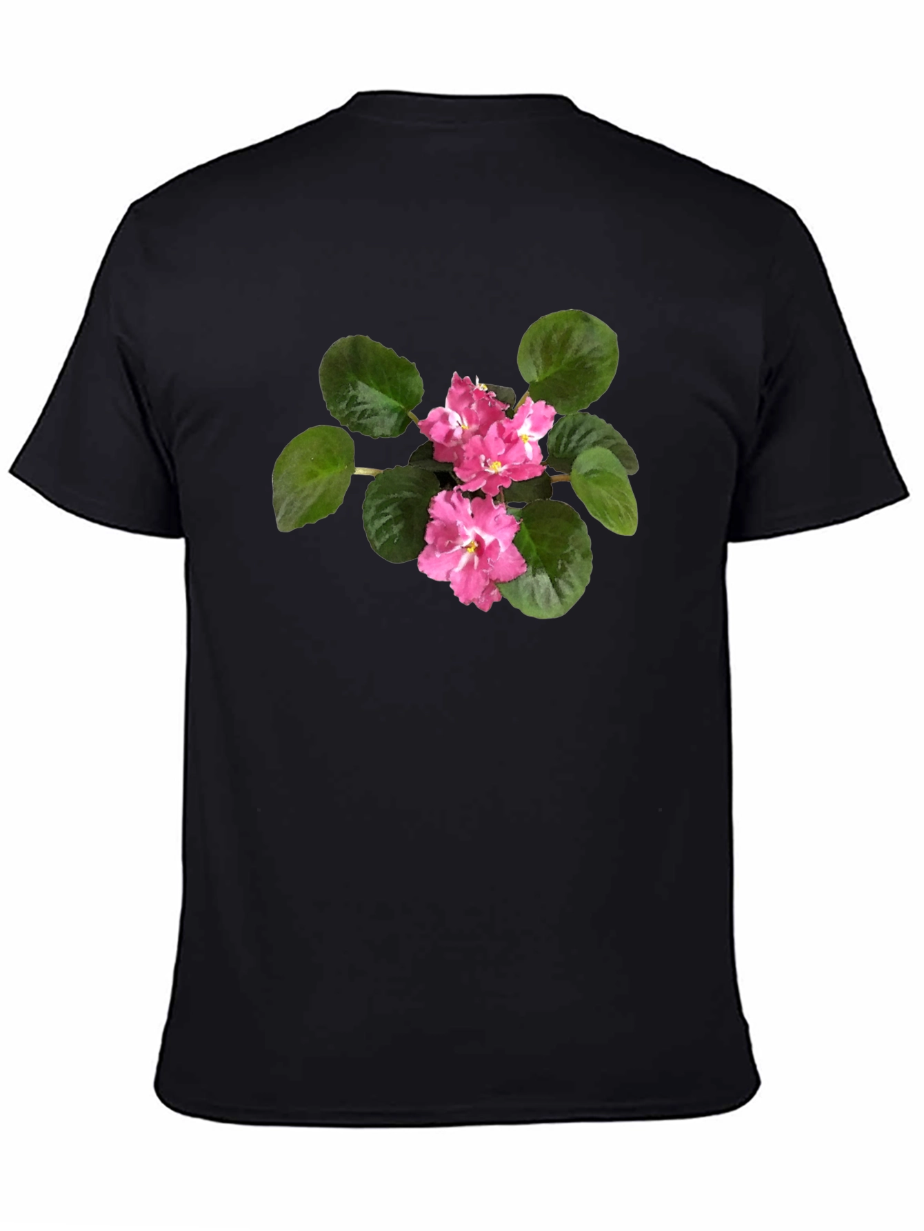 Black T-Shirt with Pink African Violet Flower Print