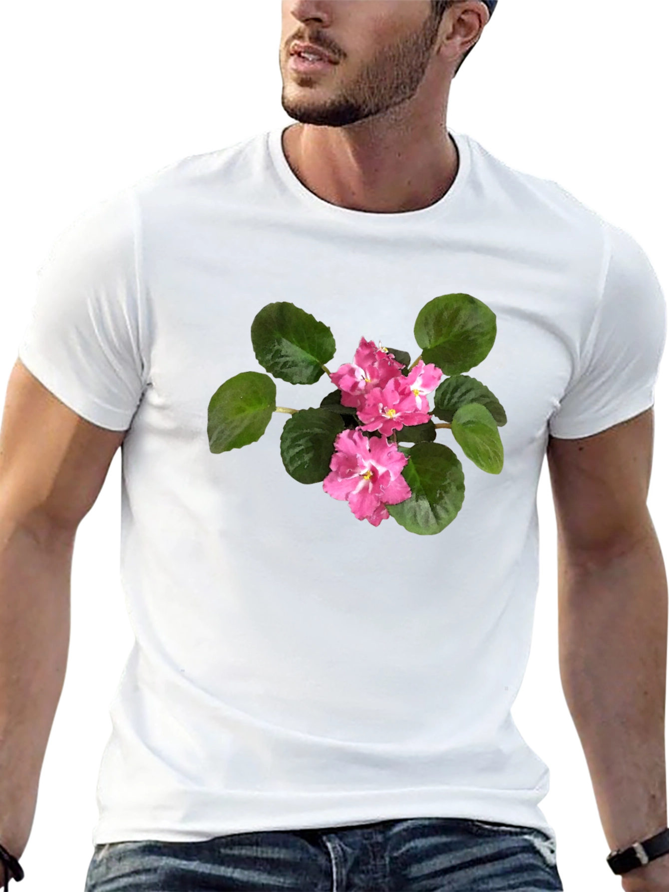 Black T-Shirt with Pink African Violet Flower Print