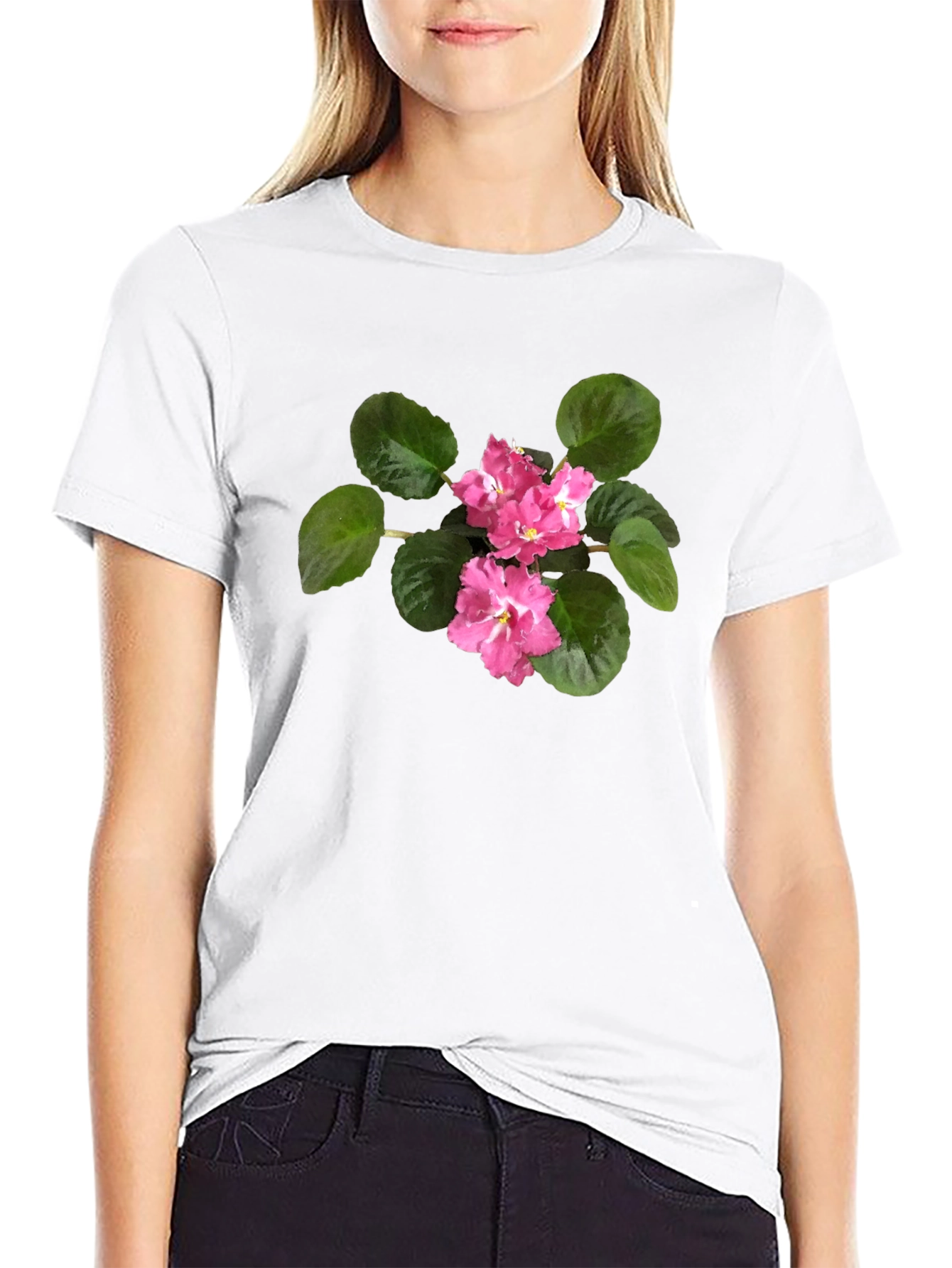 Black T-Shirt with Pink African Violet Flower Print