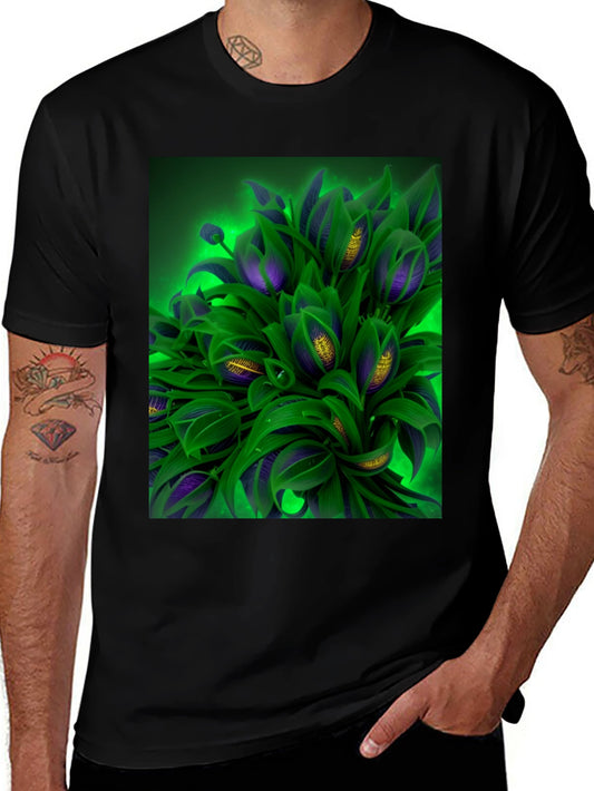 Floral Graphic Black T-Shirt - Unique Green & Purple Plant Design