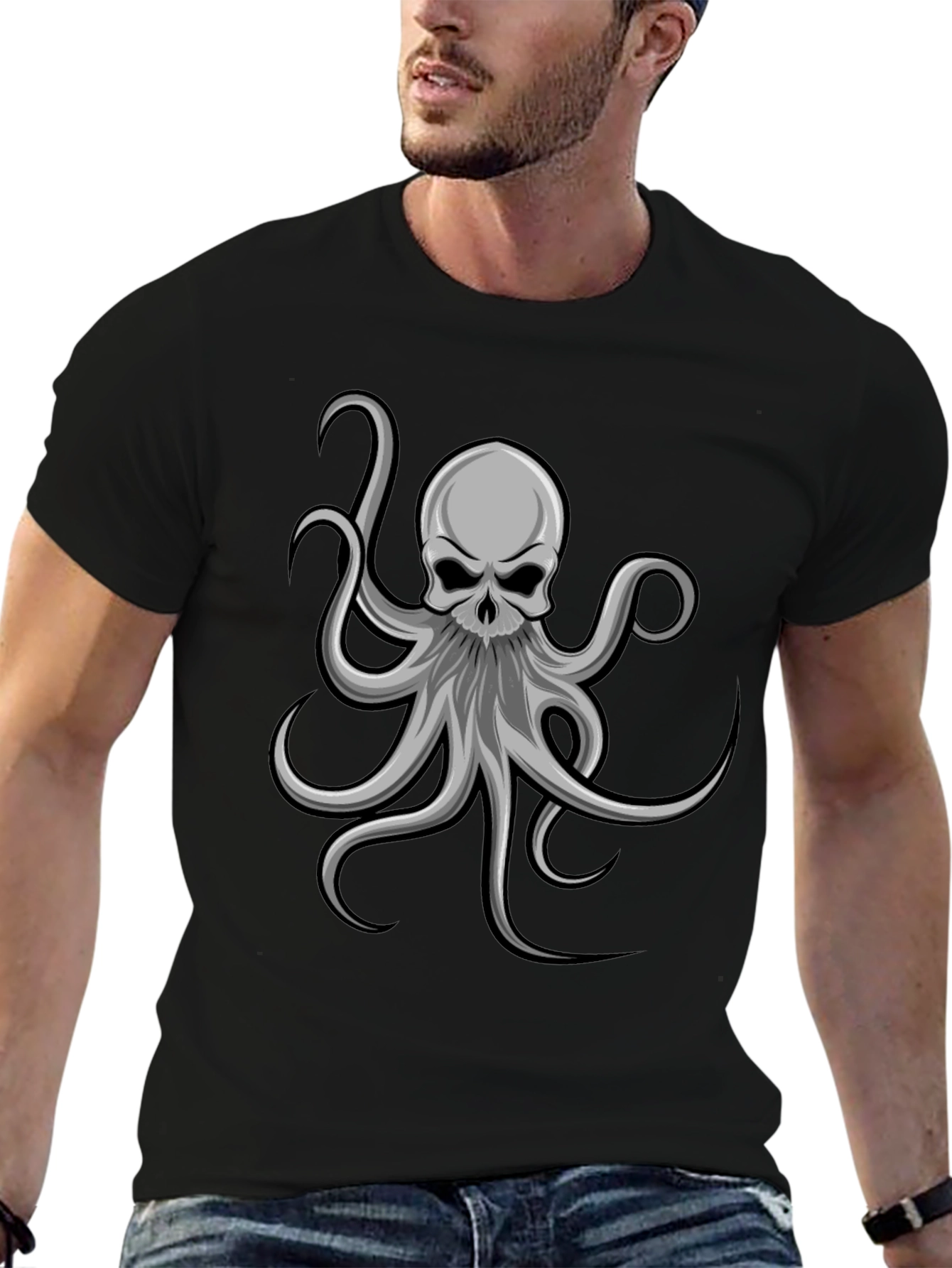Skull Octopus Graphic Tee - Black Cotton T-Shirt
