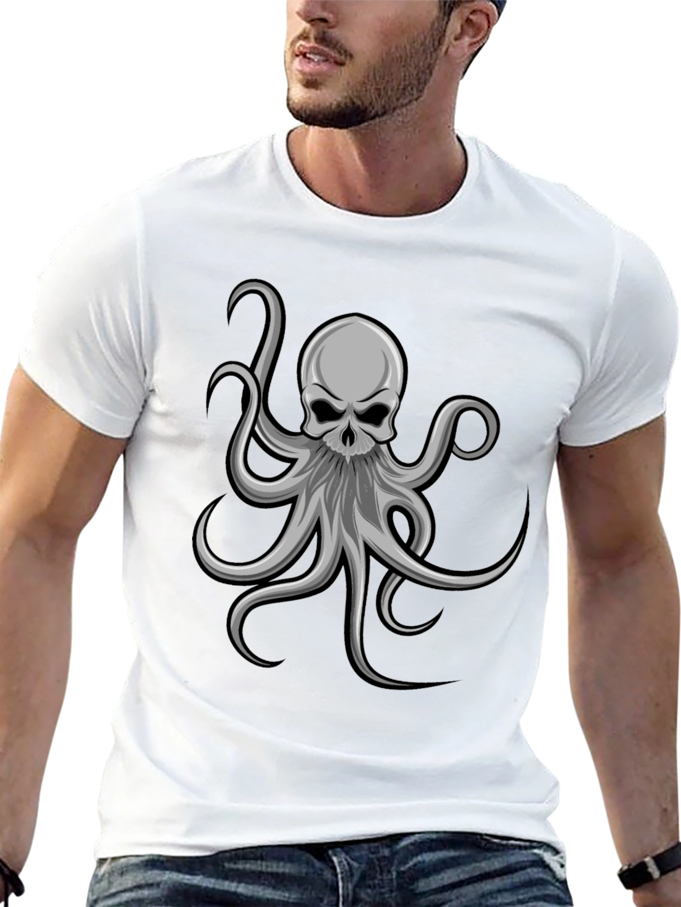Skull Octopus Graphic Tee - Black Cotton T-Shirt