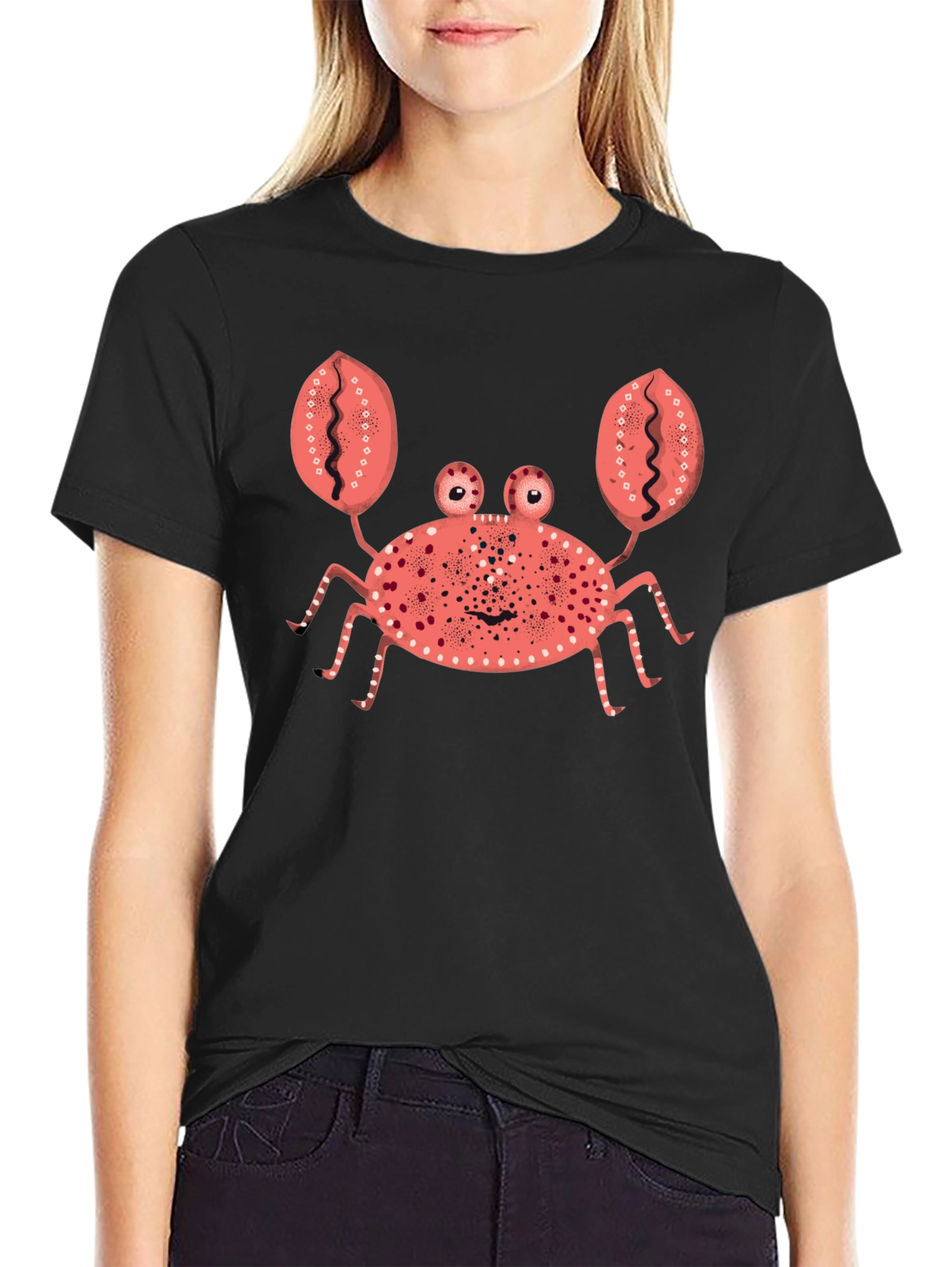 Whimsical Crab Graphic Tee - Black Cotton T-Shirt