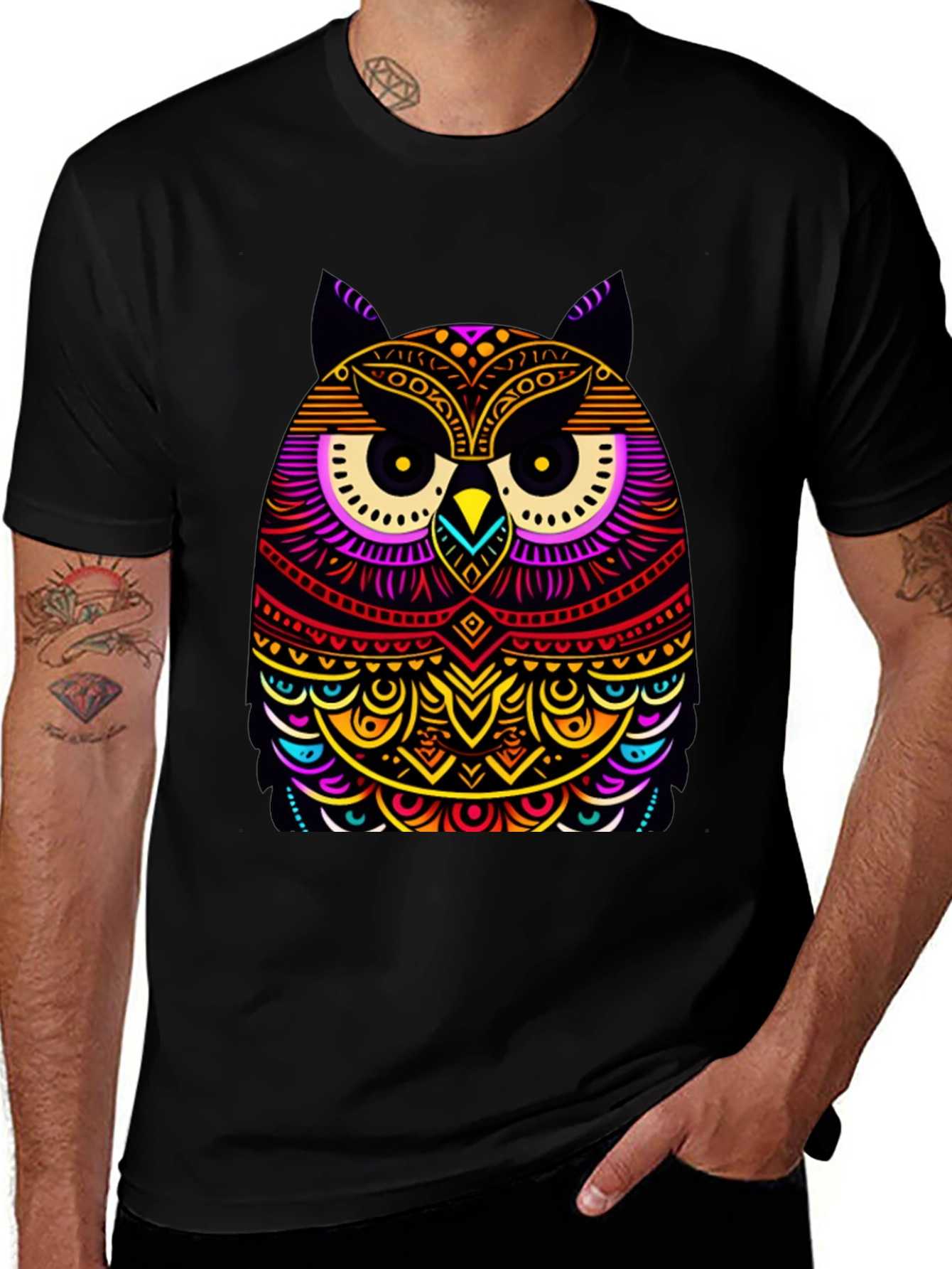 Vibrant Owl Graphic Black T-Shirt