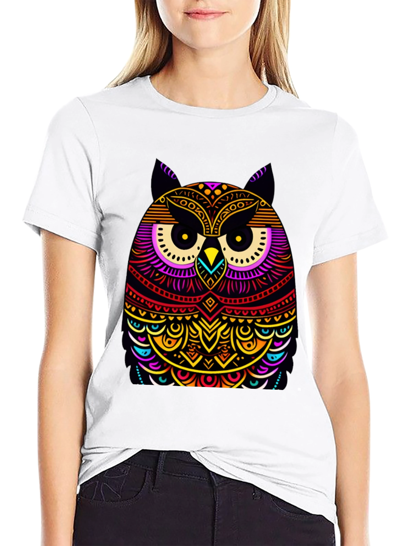 Vibrant Owl Graphic Black T-Shirt