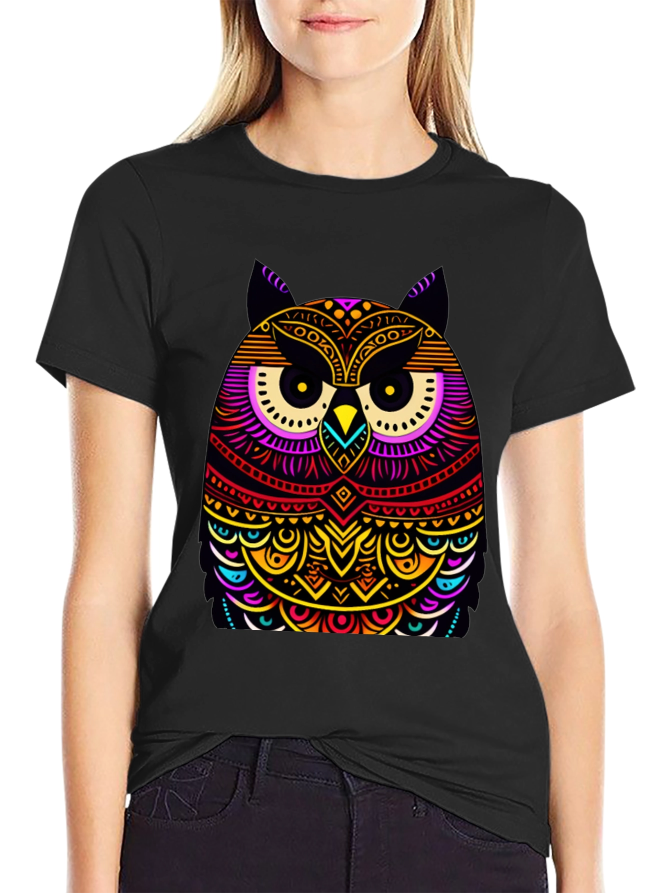 Vibrant Owl Graphic Black T-Shirt