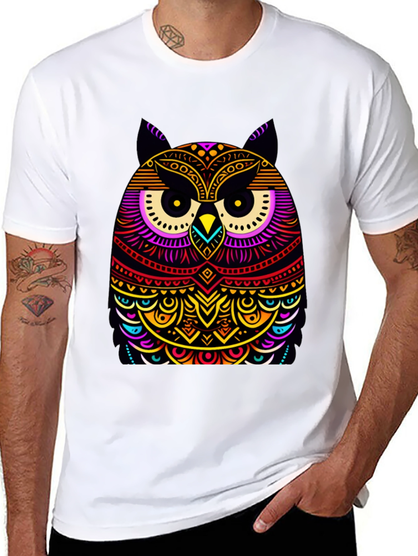 Vibrant Owl Graphic Black T-Shirt