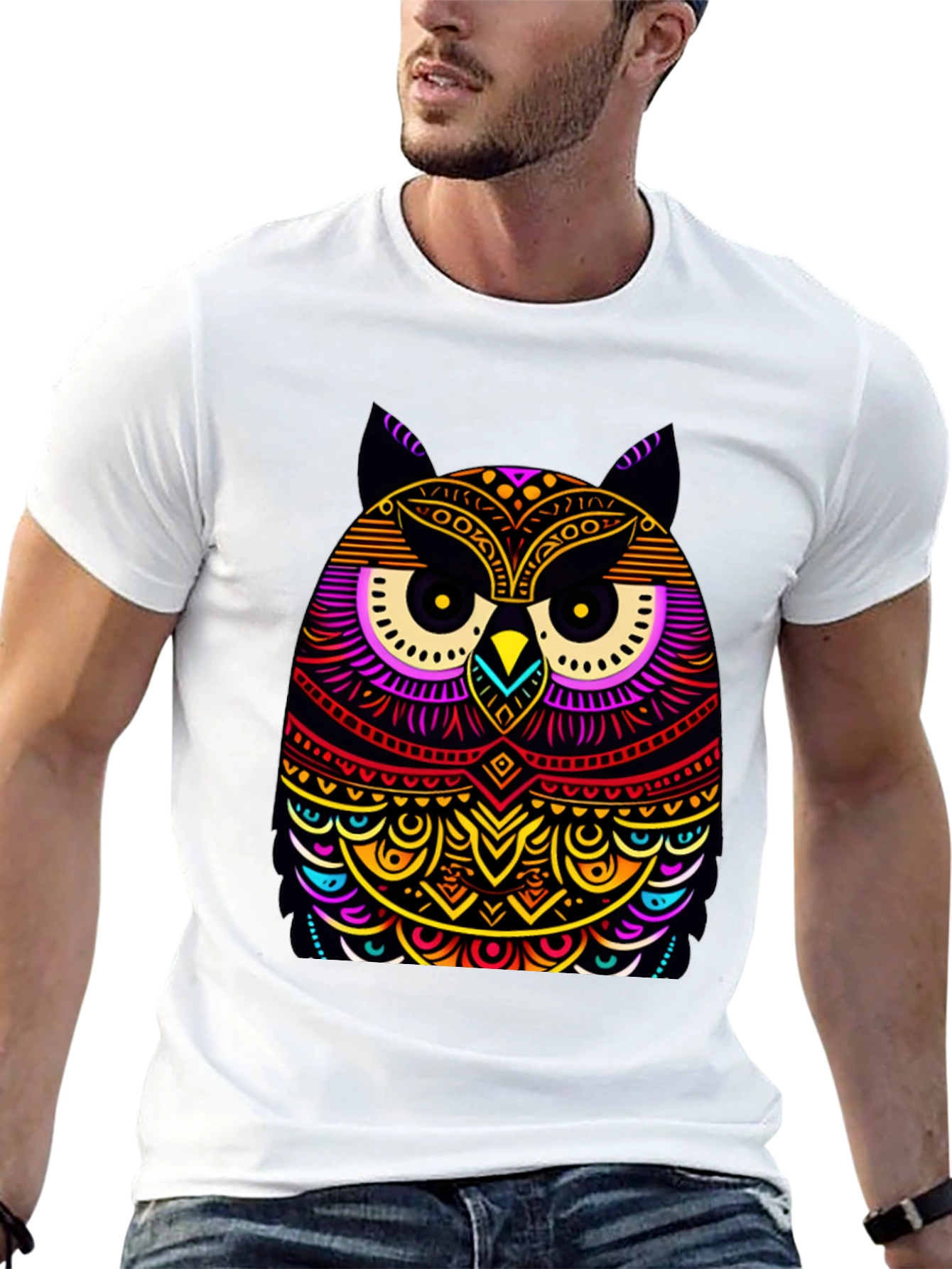 Vibrant Owl Graphic Black T-Shirt