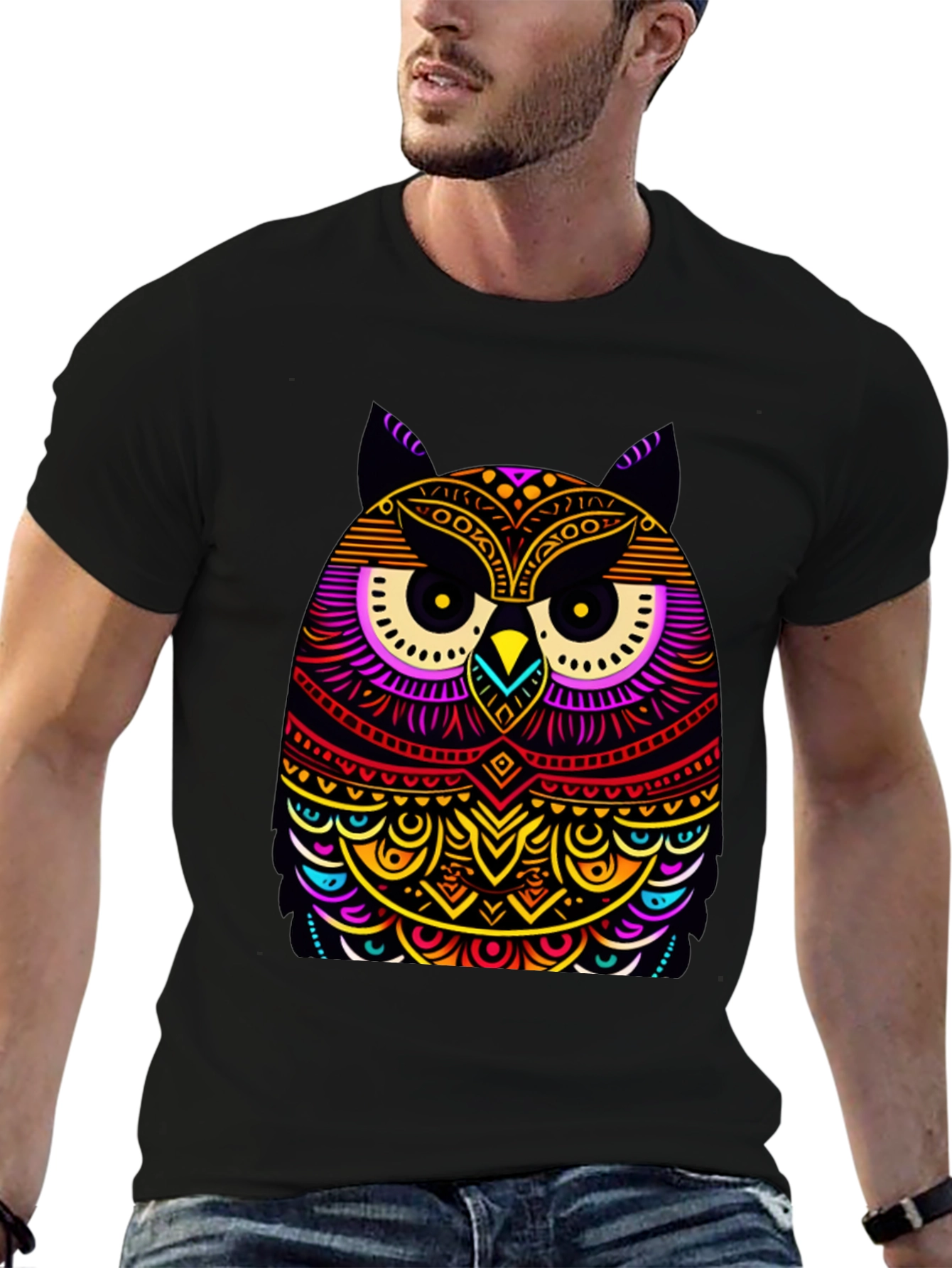Vibrant Owl Graphic Black T-Shirt