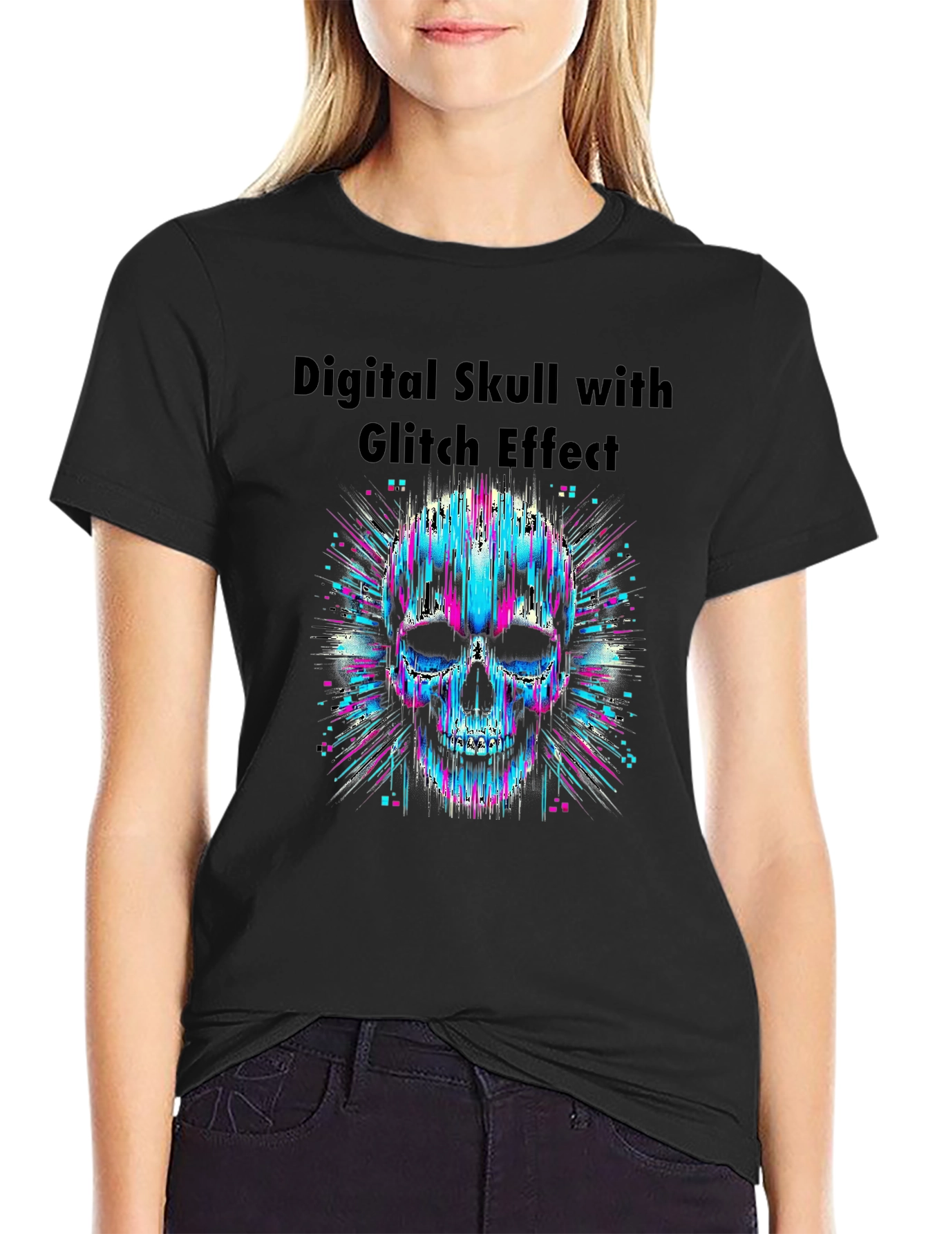 Digital Skull Glitch Effect Graphic T-Shirt