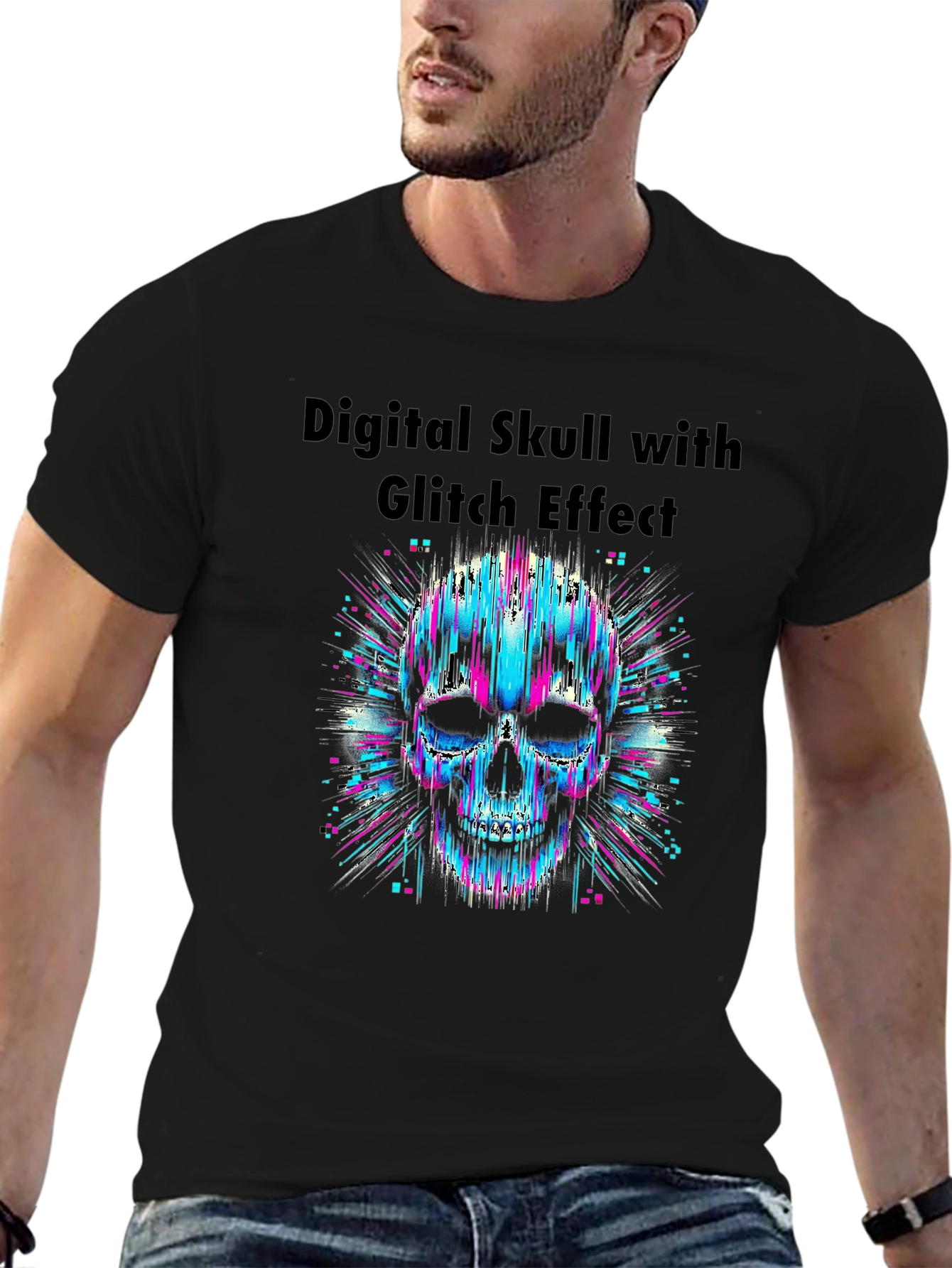Digital Skull Glitch Effect Graphic T-Shirt