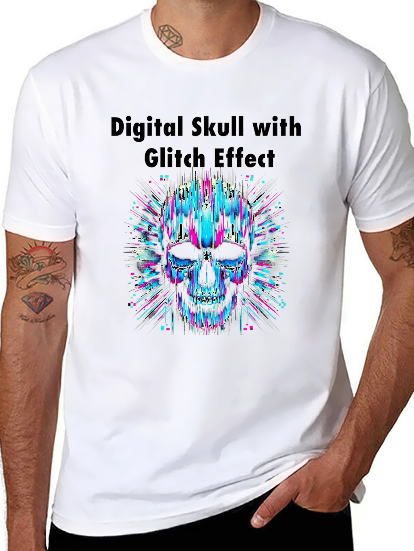 Digital Skull Glitch Effect Graphic T-Shirt