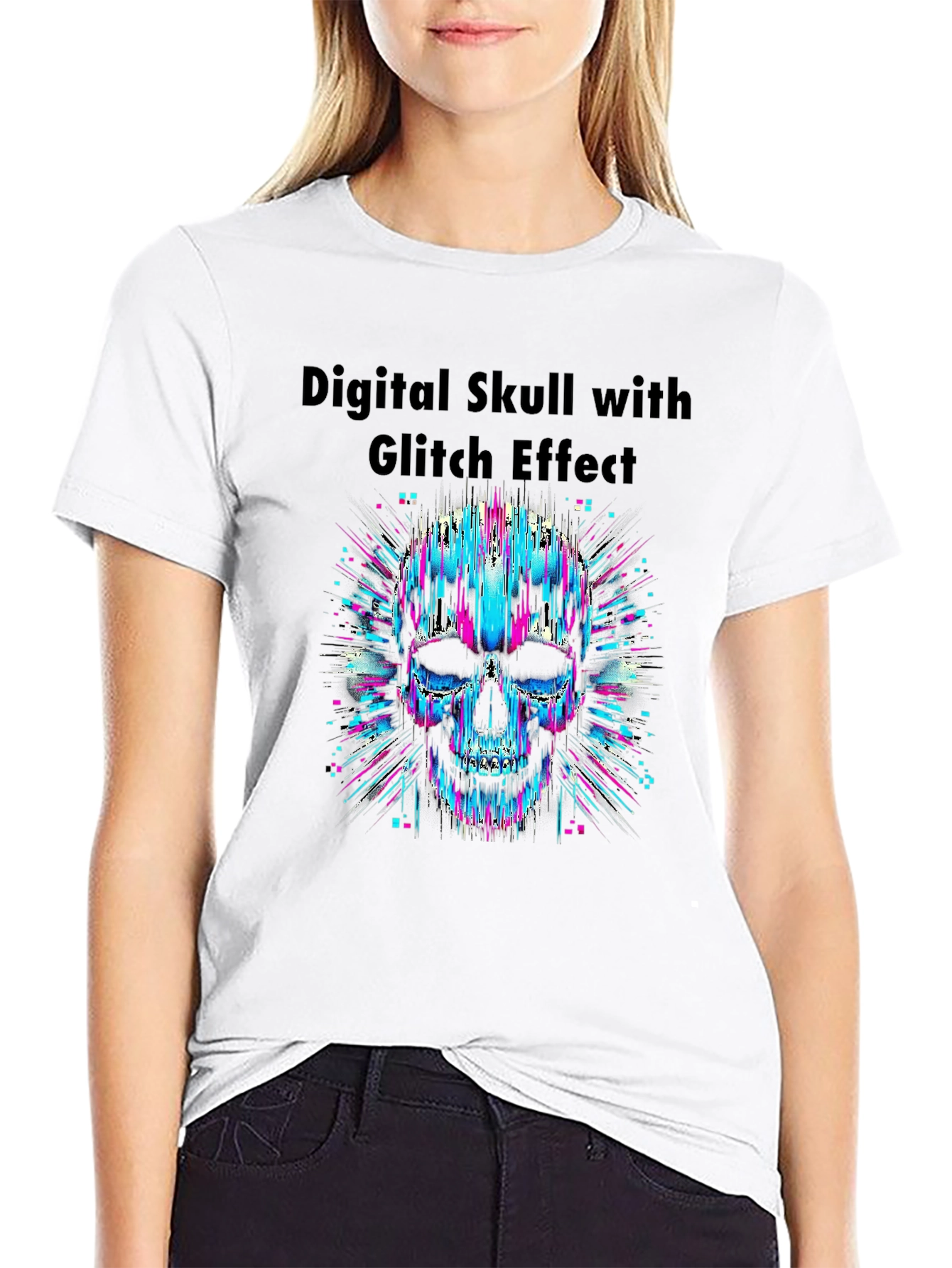 Digital Skull Glitch Effect Graphic T-Shirt