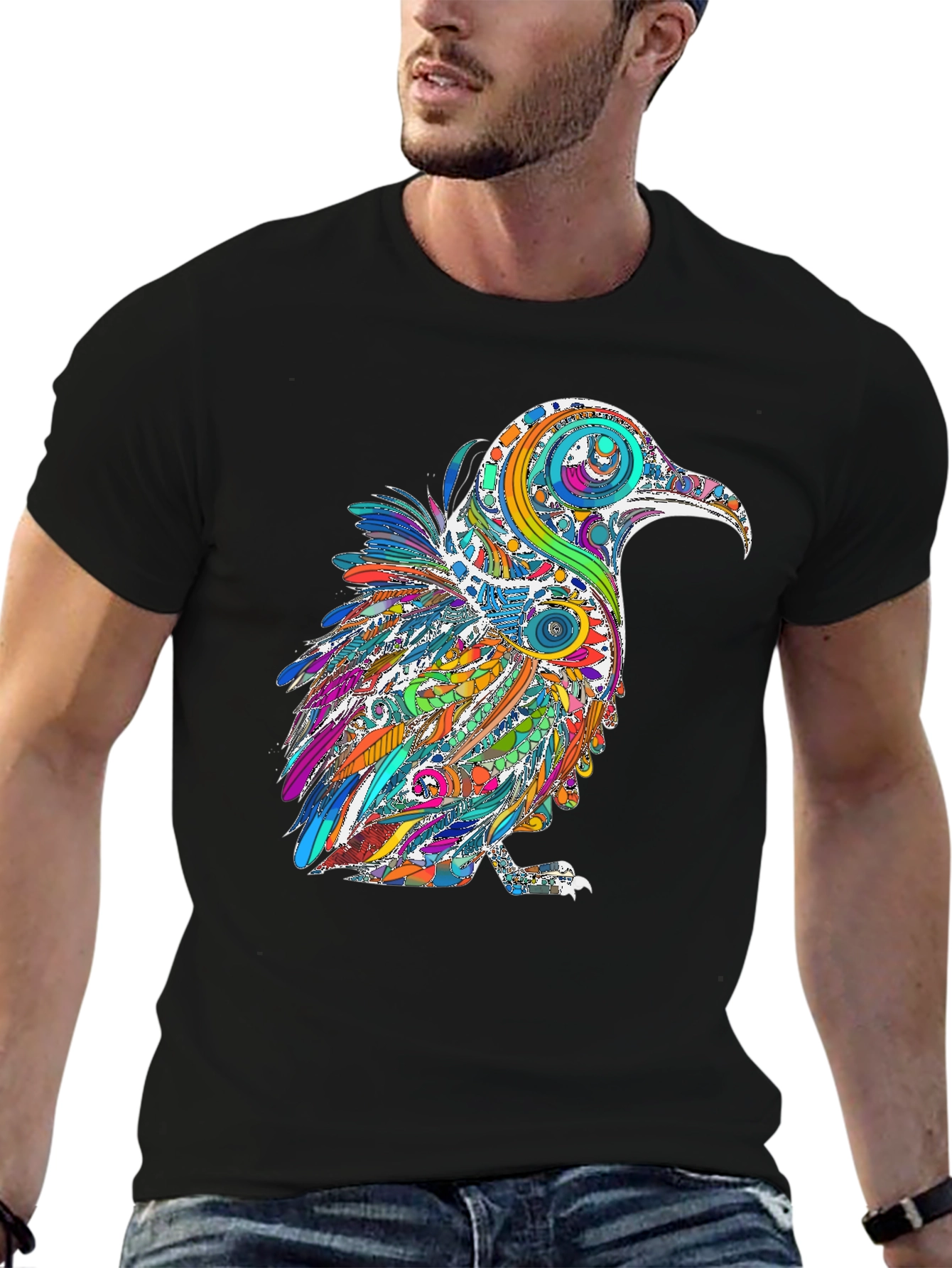 Psychedelic Raven Graphic T-Shirt - Black