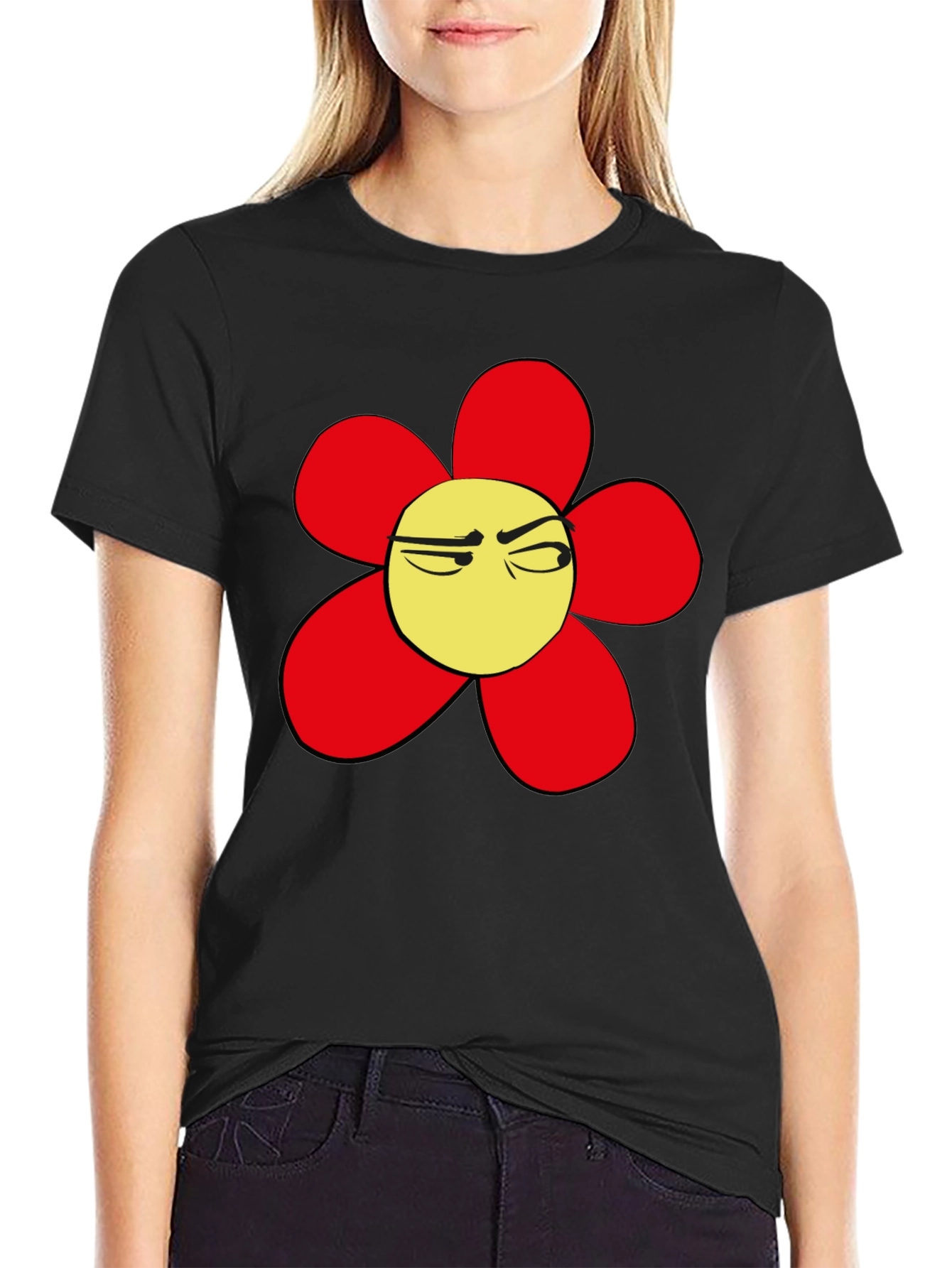 Grumpy Flower Graphic Tee - Black Casual T-Shirt