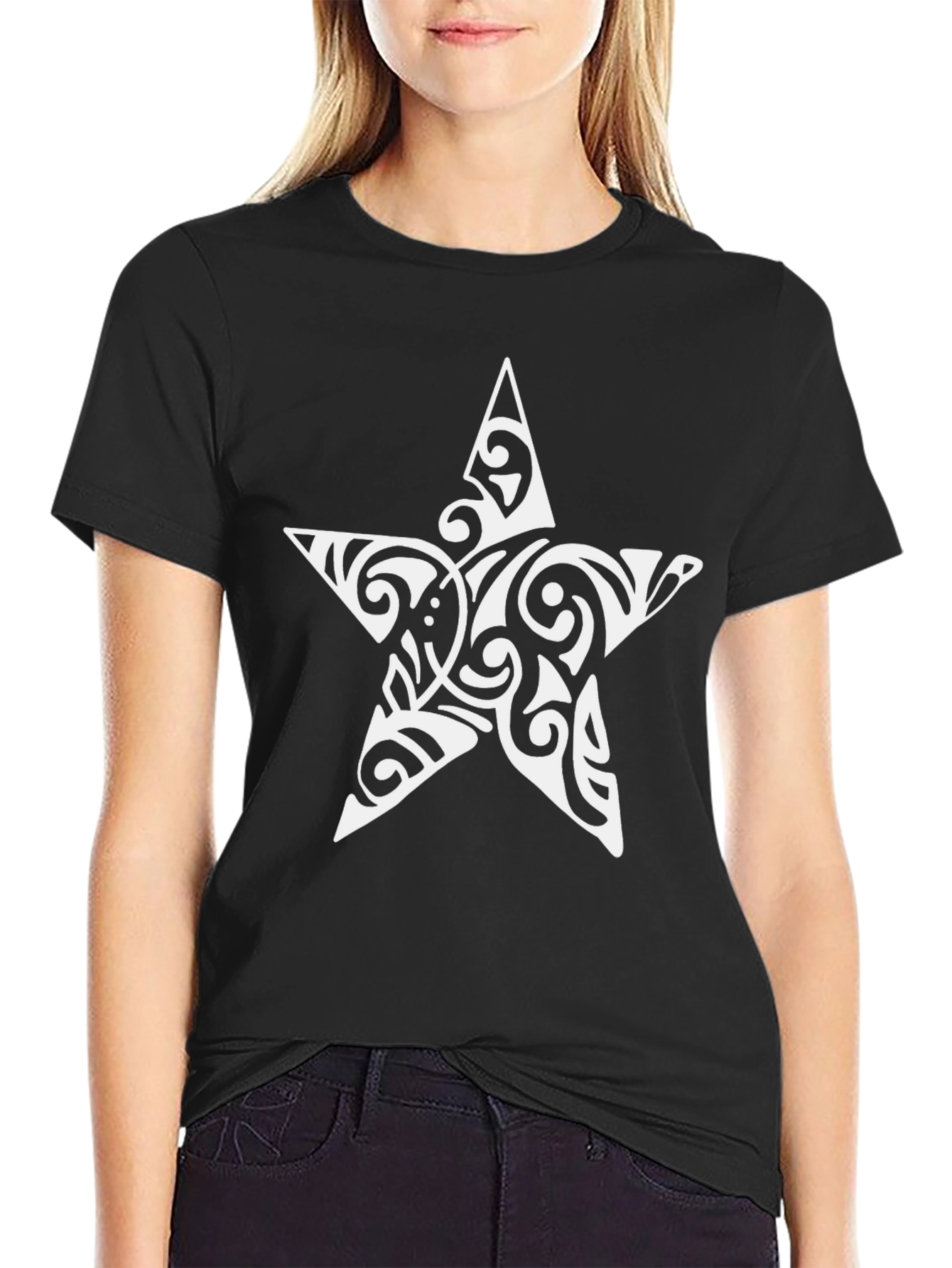 Tribal Star Graphic Tee - Black Cotton Comfort