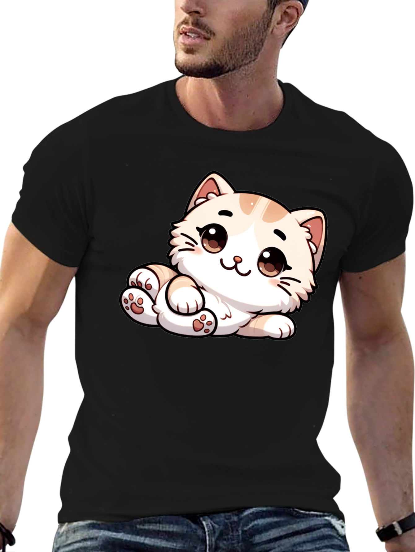 Cute Cartoon Cat Graphic Tee - Unisex Black T-Shirt
