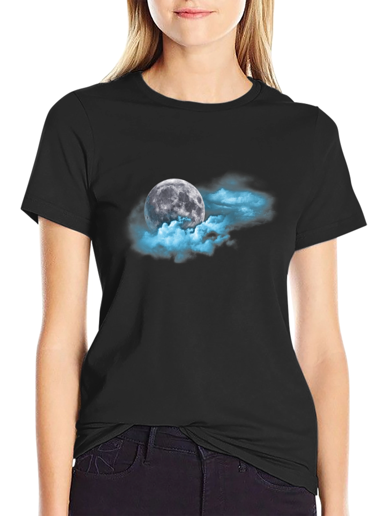 Moon and Clouds Graphic Black T-Shirt
