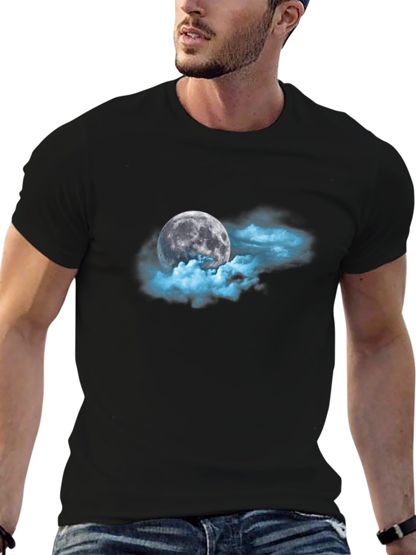 Moon and Clouds Graphic Black T-Shirt