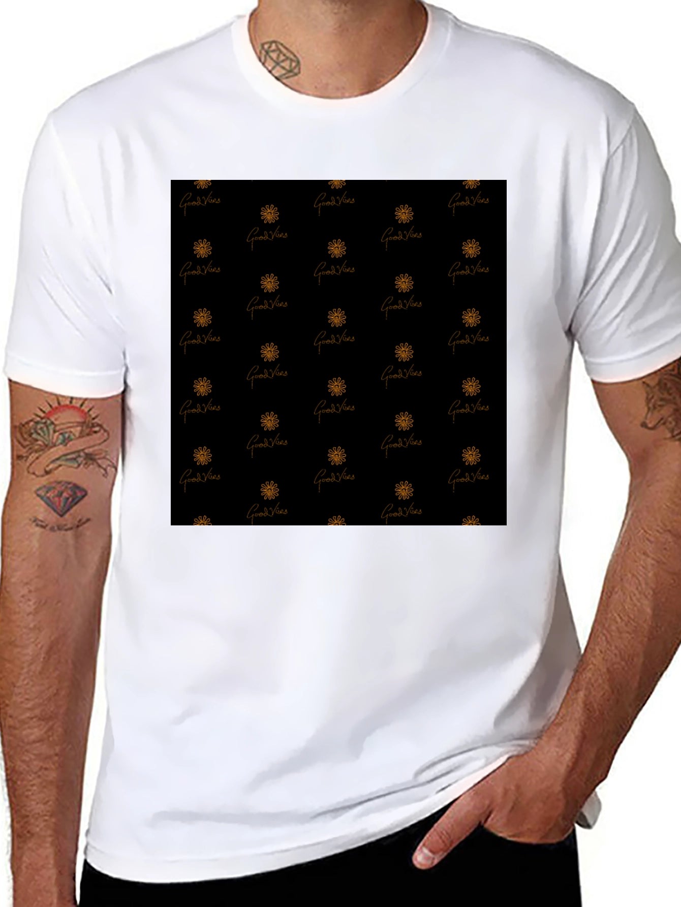 Good Vibes Patterned Black T-Shirt