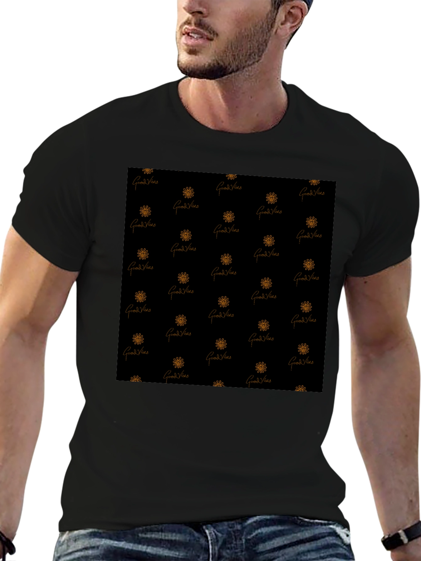 Good Vibes Patterned Black T-Shirt