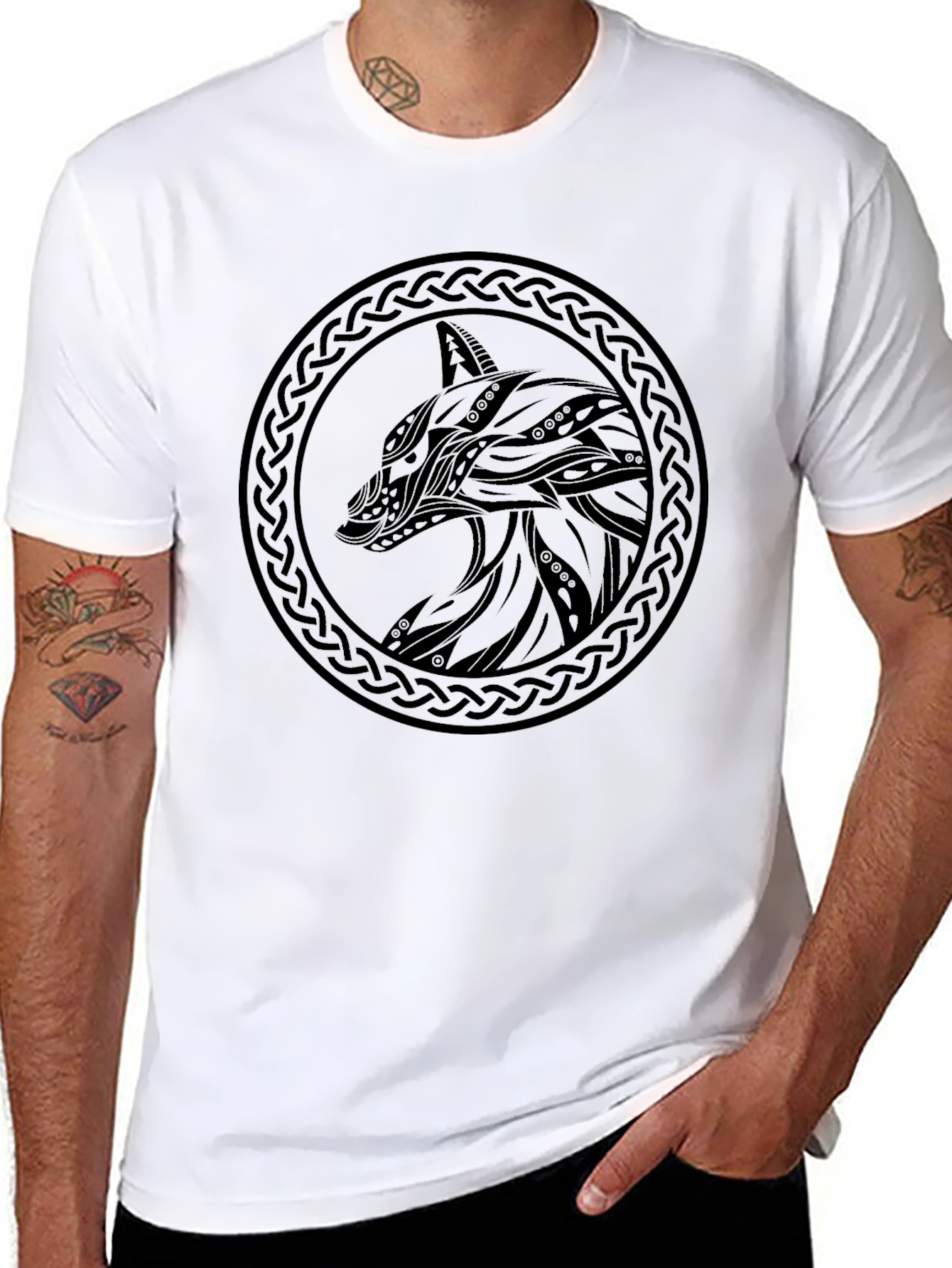 Mens Black Wolf Design Graphic Tee